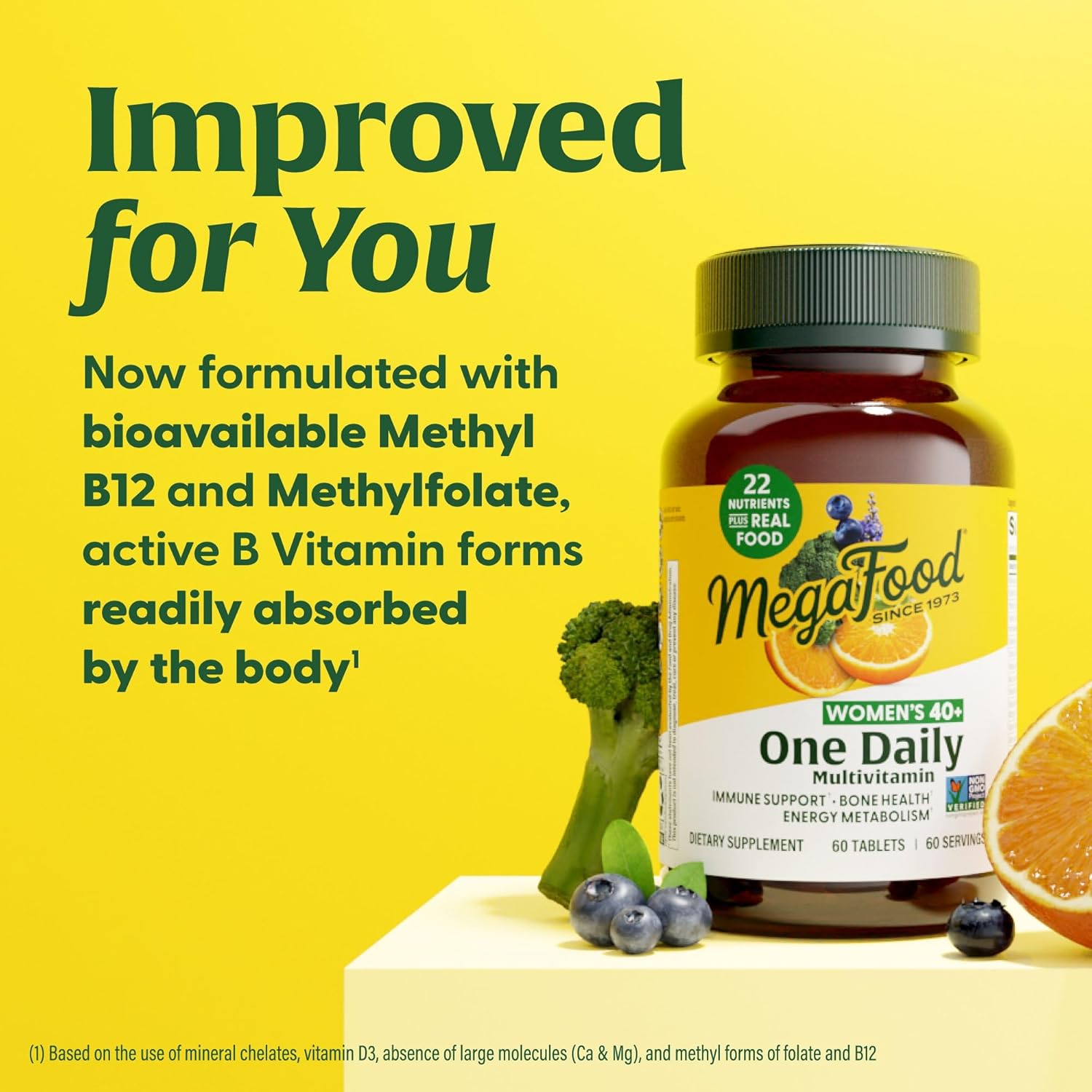 MegaFood Women's 40+ One Daily Multivitamin for Women - with Vitamin B12, B6, C, D, Zinc & Iron – Plus Real Food - Immune Support - Bone Health - Non-GMO - Vegetarian - 60 Tabs