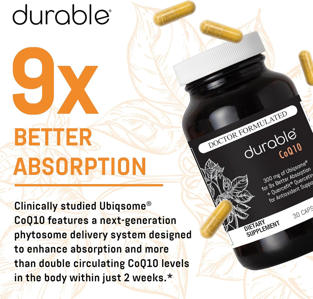 Durable CoQ10 – 300 mg Ubiqsome® CoQ10 Phytosome with 9X Better Absorption, One Per Day Antioxidant for Heart Health, Doctor-Formulated, Made in USA - 30 Day Supply (30 Capsules).