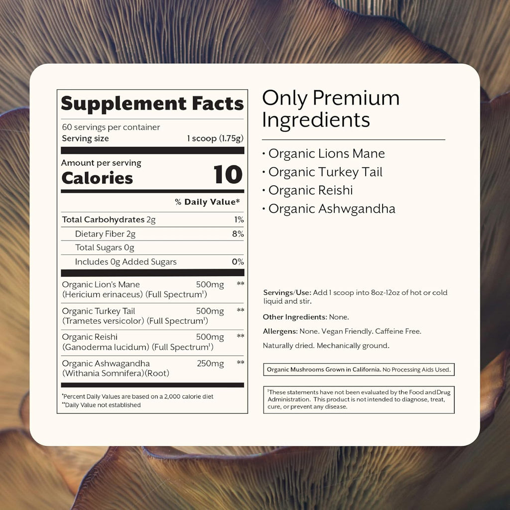 Promix Adaptogens Mushroom Coffee Supplement Powder - with Organic Ashwagandha, Lion’s Mane, Turkey Tail & Reishi - 60 Servings