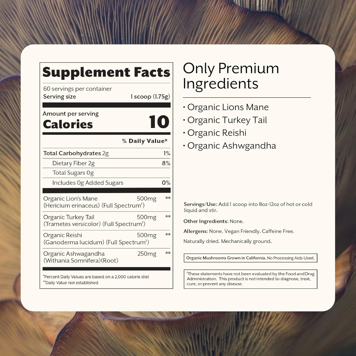 Promix Adaptogens Mushroom Coffee Supplement Powder - with Organic Ashwagandha, Lion’s Mane, Turkey Tail & Reishi - 60 Servings