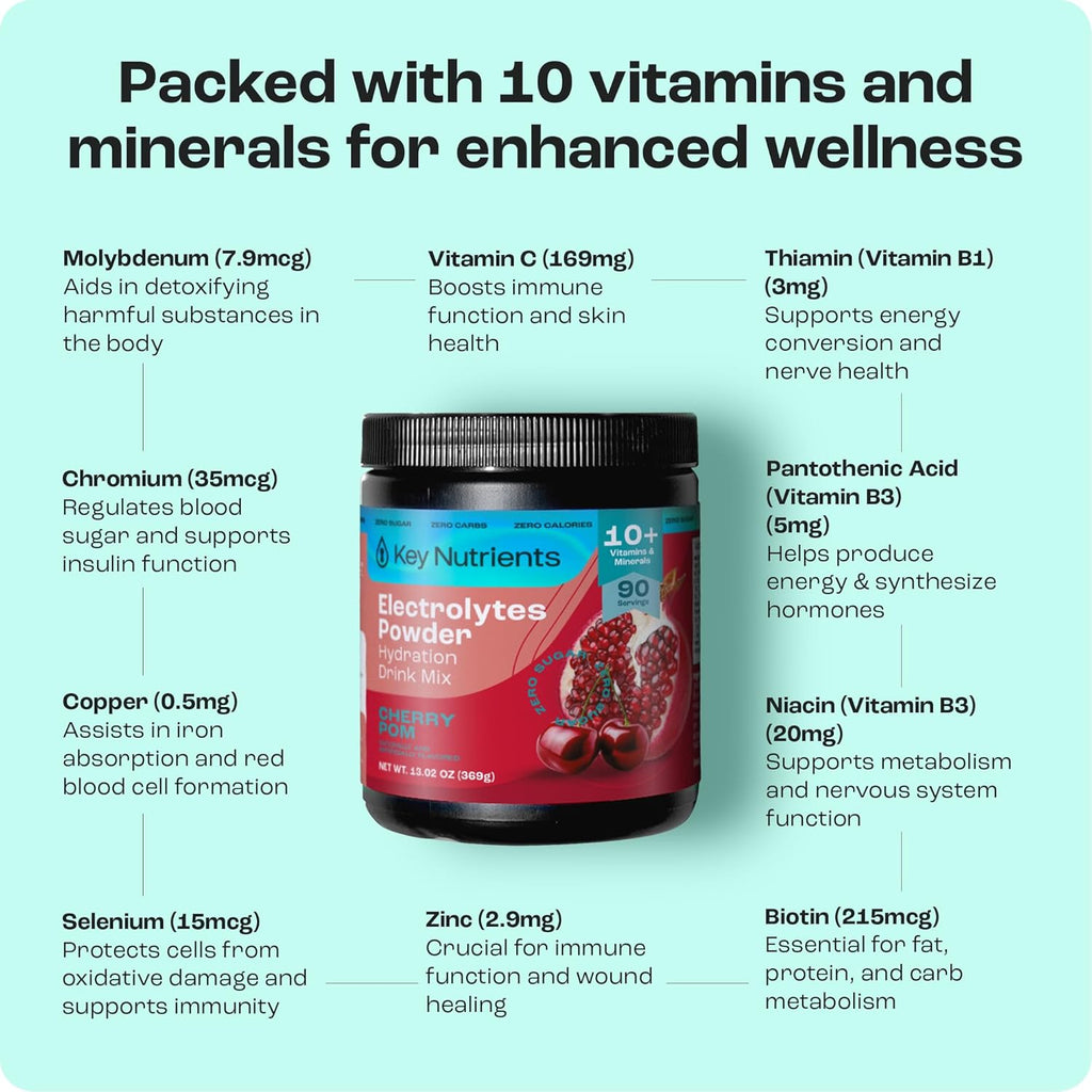 KEY NUTRIENTS Multivitamin Electrolytes Powder No Sugar - Sweet Cherry Pom Electrolyte Powder - Endurance & Energy Supplement - Hydration Powder - No Calories - 90 Servings - Made in USA