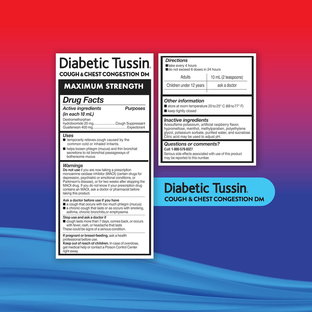 Diabetic Tussin DM Maximum Strength Cough and Chest Congestion Relief Liquid Cough Syrup, Safe for Diabetics, Berry Flavored, 4 Fl Oz (Pack of 1)