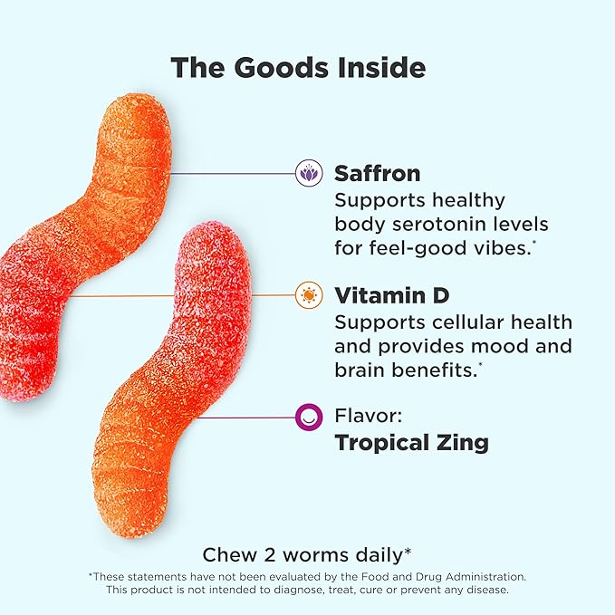 OLLY Hello Happy Gummy Worms, Mood Balance Support, Vitamin D, Saffron, Adult Chewable Supplement, Gluten Free, Tropical Zing - 90 Count