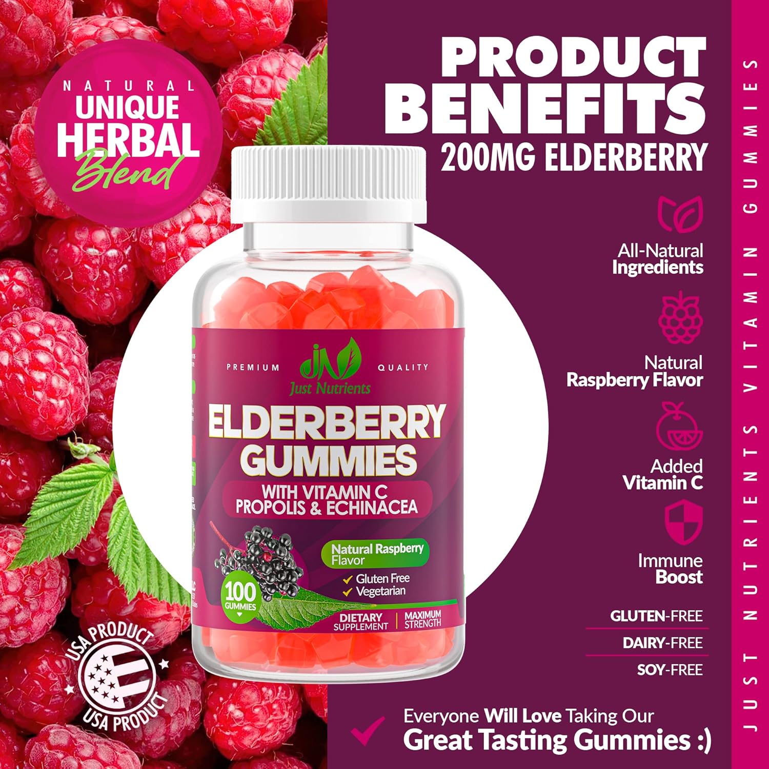 Elderberry Gummies with Vitamin C, Echinacea, Propolis (100 count) - Immune Support for Adults & Kids - Maximum Strength, Great Tasting Raspberry Flavor - Gluten-Free, Vegan - 100 Gummies