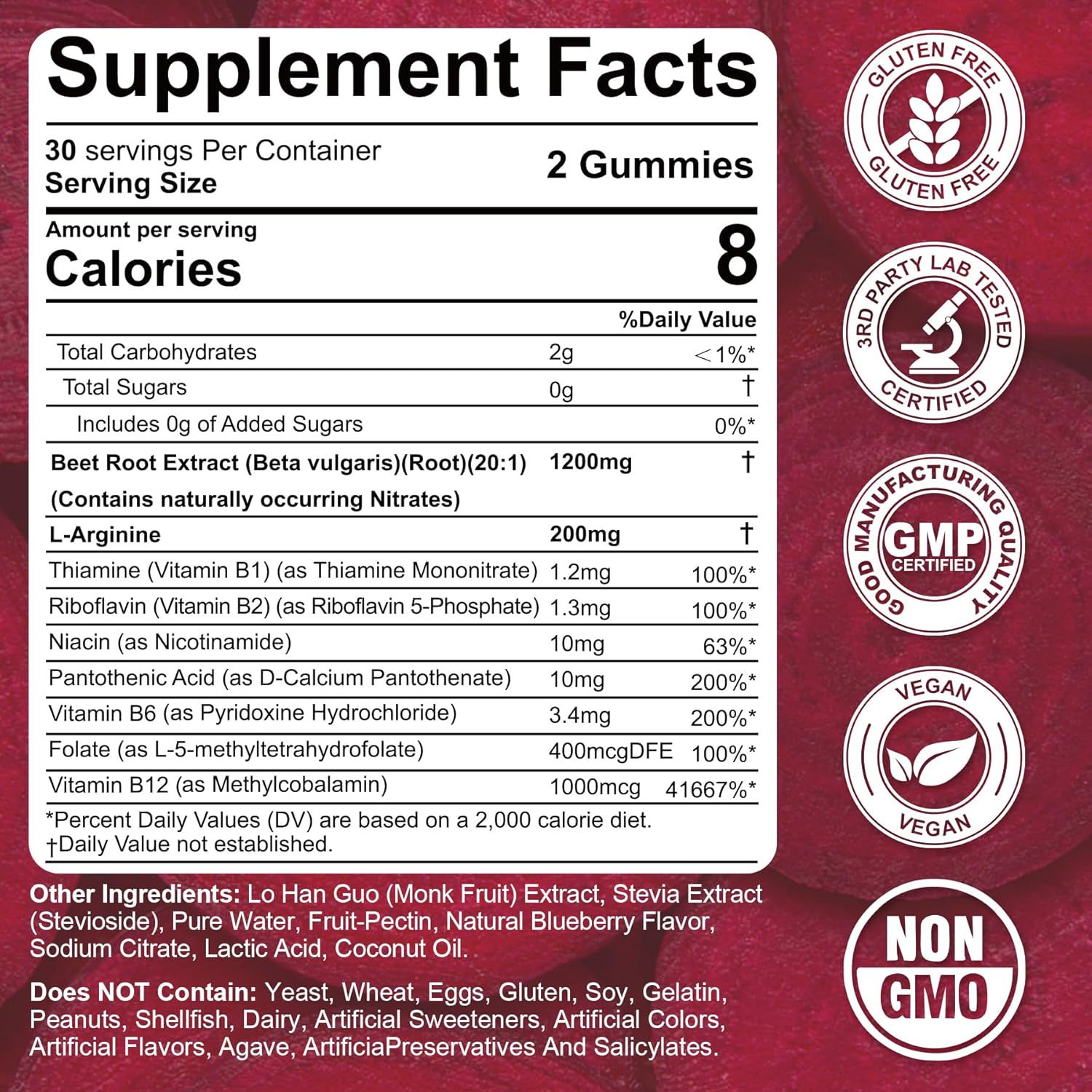 Beet Root Gummies & L-Arginine, Nitric Oxide Supplements for Men & Women w/Organic Beets, B1, B2, B3, B5, B6, Folate, B12 for Energy Boost & Circulation Support, Sugar Free, 60 Cts
