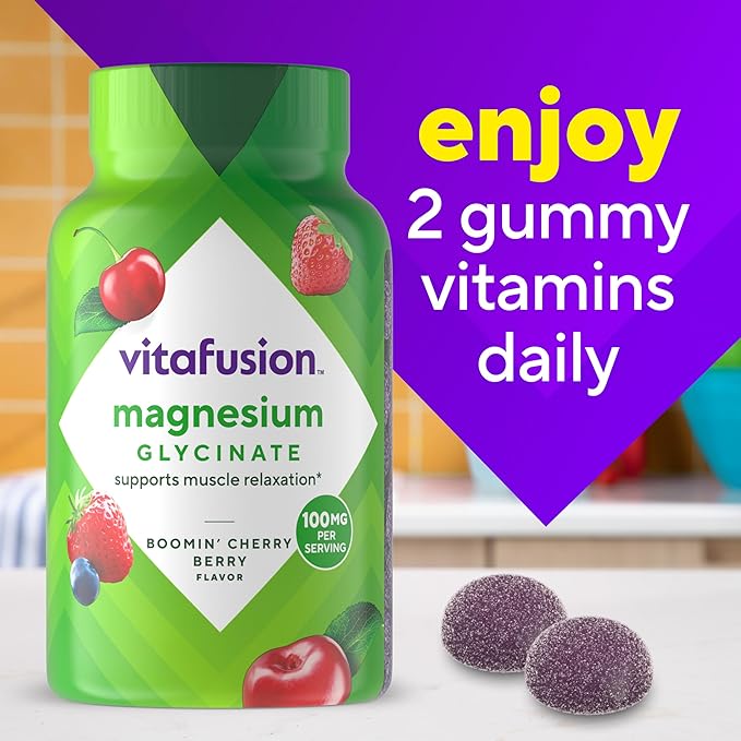 vitafusion Magnesium Glycinate Gummy Supplement, 100 mg per Serving Supports Muscle Relaxation (1) for Adult Women & Men, Boomin’ Cherry Berry Flavor, 60 Count