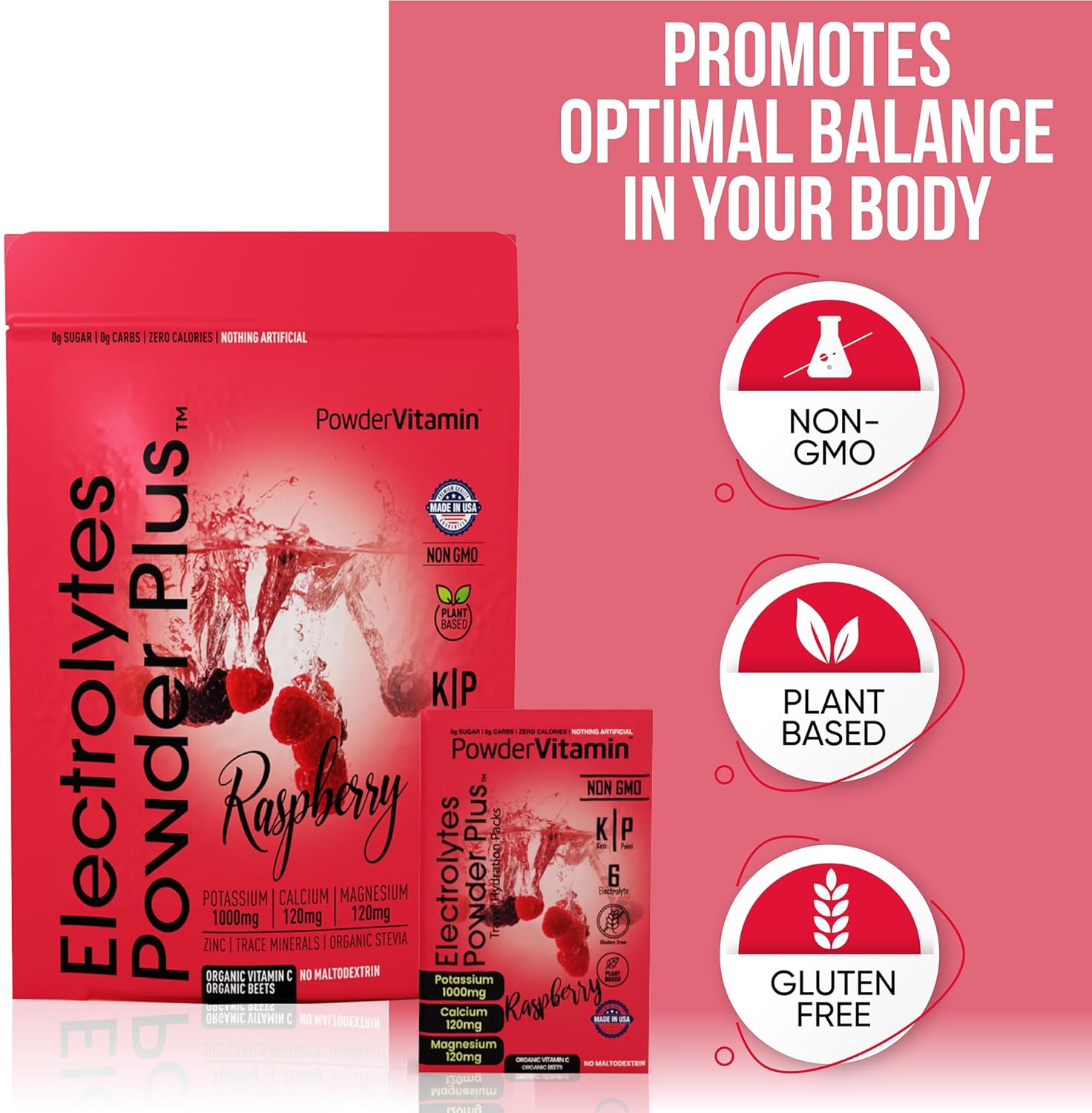 PowerVitamin Electrolytes Powder Packets - Raspberry - Keto Electrolytes for Energy - Hydration Powder with 1000mg Potassium, 120mg Magnesium, Zero Calories - 16 Hydration Packets