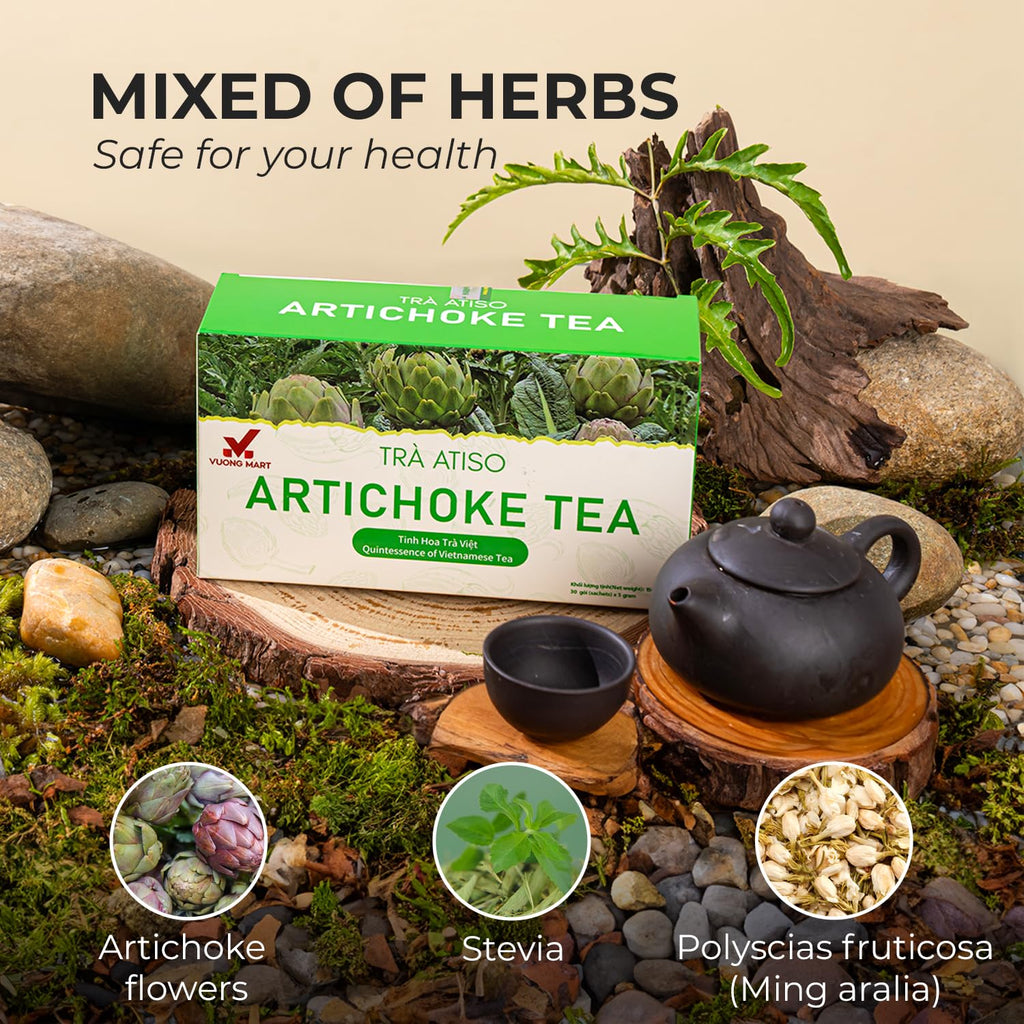 VUONGMART Artichoke Flower Tea, 100% Hand Pick, Stevia, Ming Aralia, Organic Herbal Tea, 30 Tea Bags, Gluten Free, Dairy Free, Sugar Free & Natural, Energy Boost & Health Support