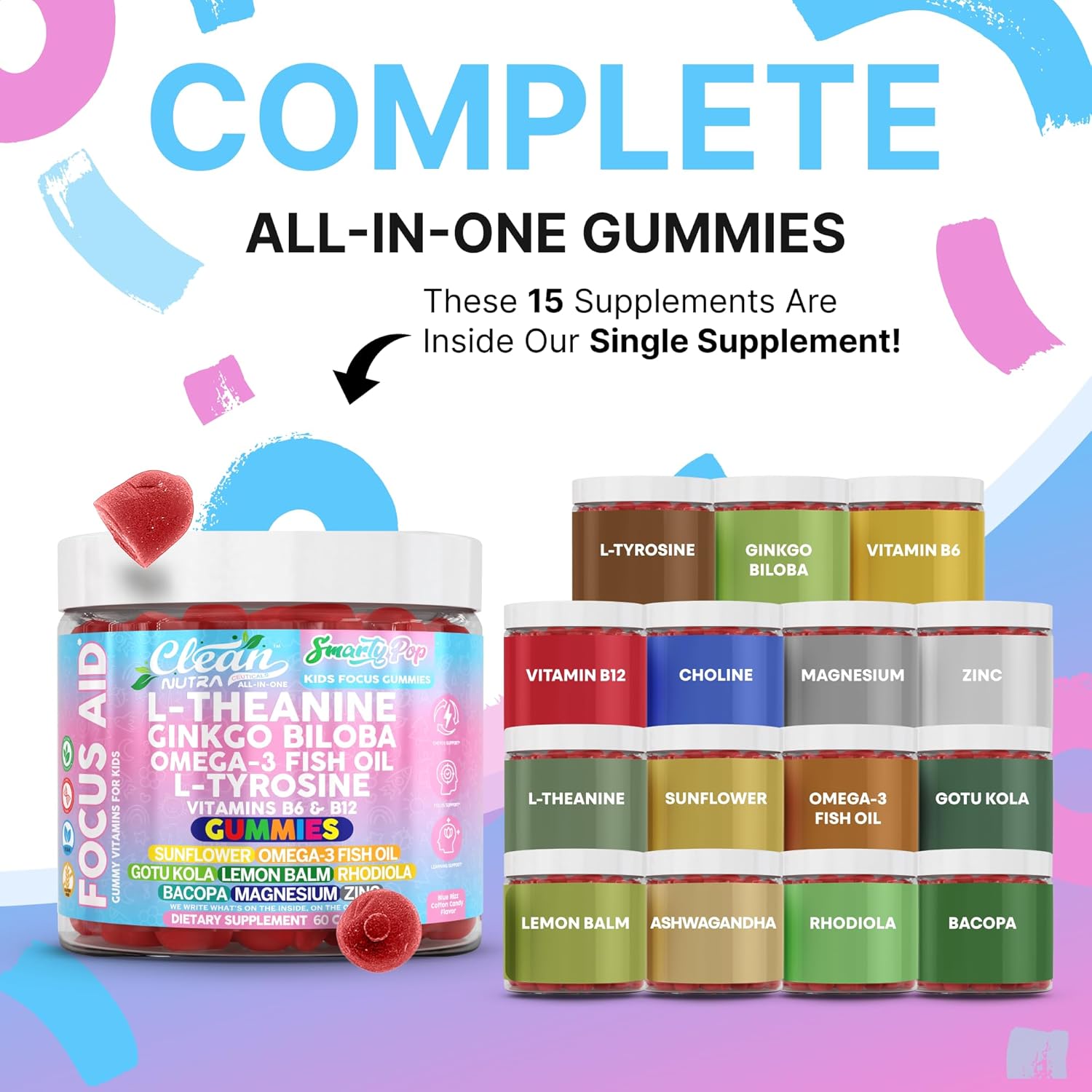 Clean Nutra Kids Focus Gummies with L-Theanine, Ginkgo Biloba, Omega-3 Fish Oil, L-Tyrosine, Vitamin B6, Vitamin B12 – 60 Count – Clean Label, Non-GMO, Vegan-Friendly, SmartyPop Formula
