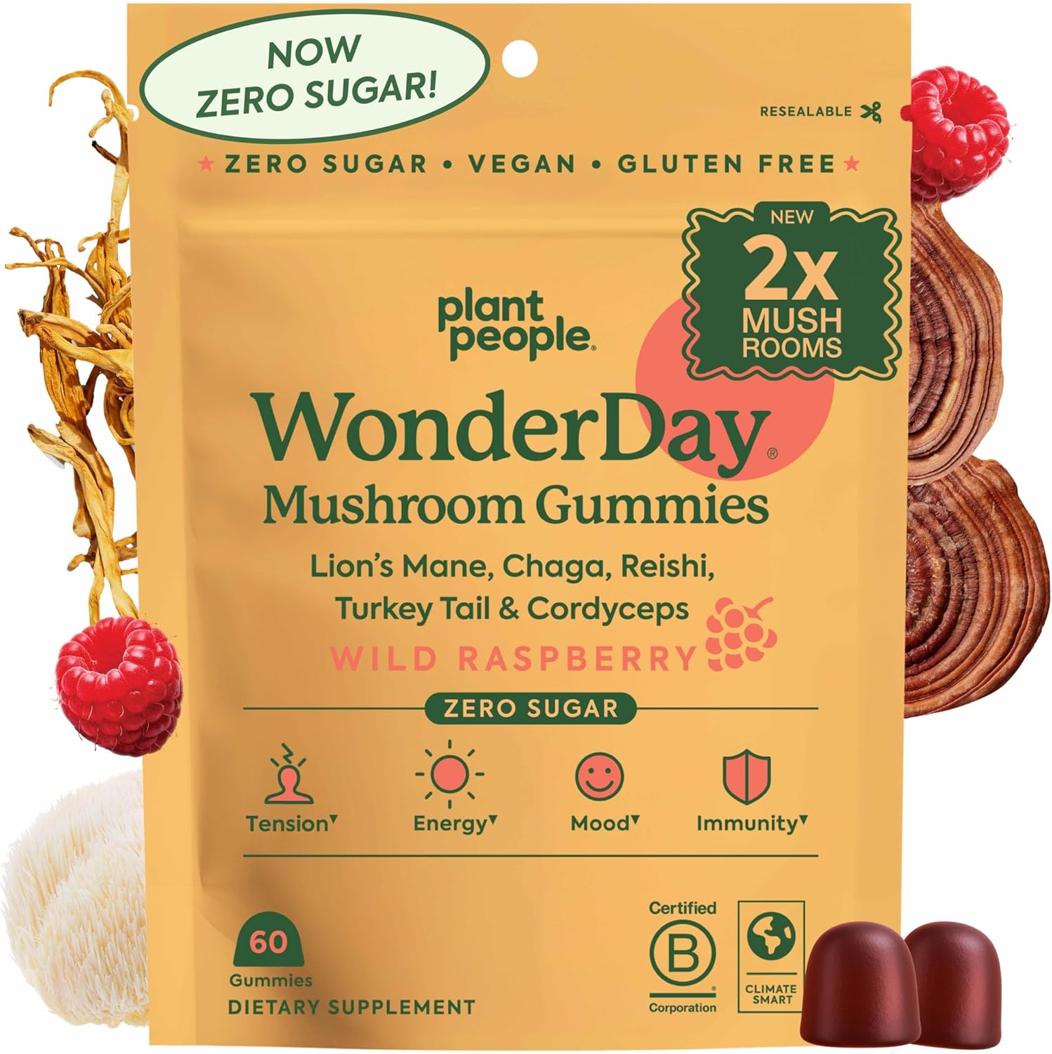 WonderDay Extra Strength Mushroom Gummies –Sugar Free Lion’s Mane, Cordyceps, Reishi & Chaga Supplement for Adults –Mood Boost, Energy, Focus, Immune Support & Gut Health –Vegan, Non-GMO (60 Count)