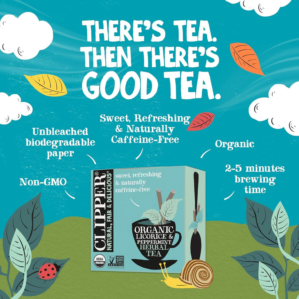 Clipper Tea Peppermint & Licorice Teabags – Caffeine Free, USDA Organic, Great Hot or Iced – Sweet, Refreshing, Natural, Fair & Delicious Sweet – 50 Tea Bags