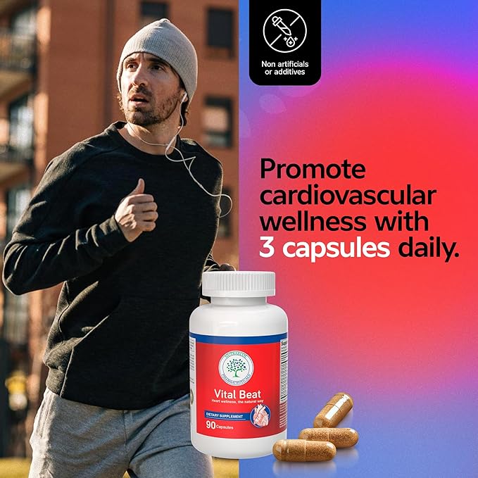 Vital Beat, Cardiovascular Support Supplement – with CoQ10, Flaxseed, Grape Seed, Turmeric & Taurine – 90 Capsules – Heart, Circulation & Cholesterol Support