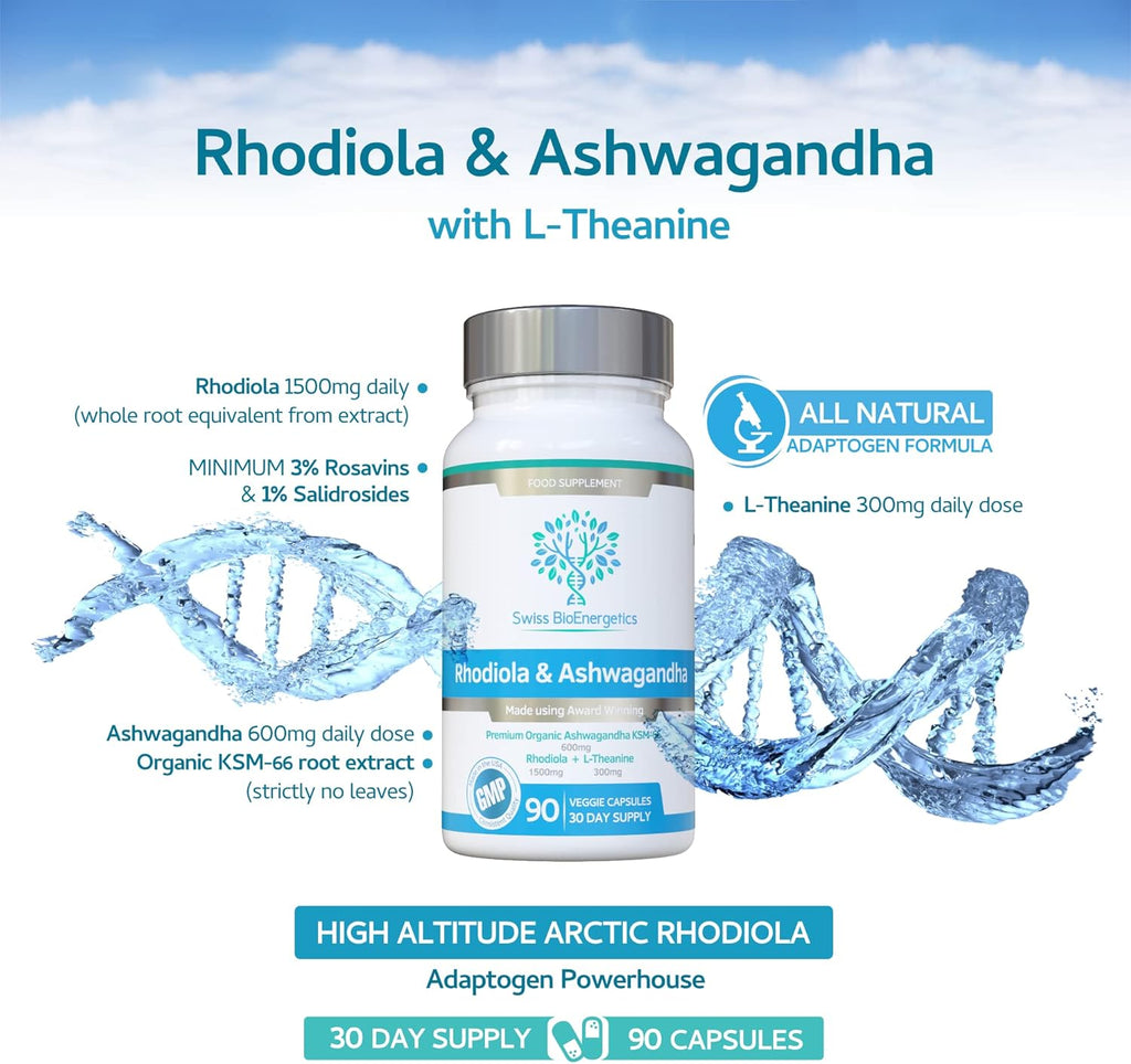 Rhodiola & Ashwagandha with L-Theanine - Award Winning Ashwagandha KSM-66 600mg & 1500mg Rhodiola (3% Rosavins - 1% Salidrosides) whole root equivalent- adaptogen combo- No artificial fillers