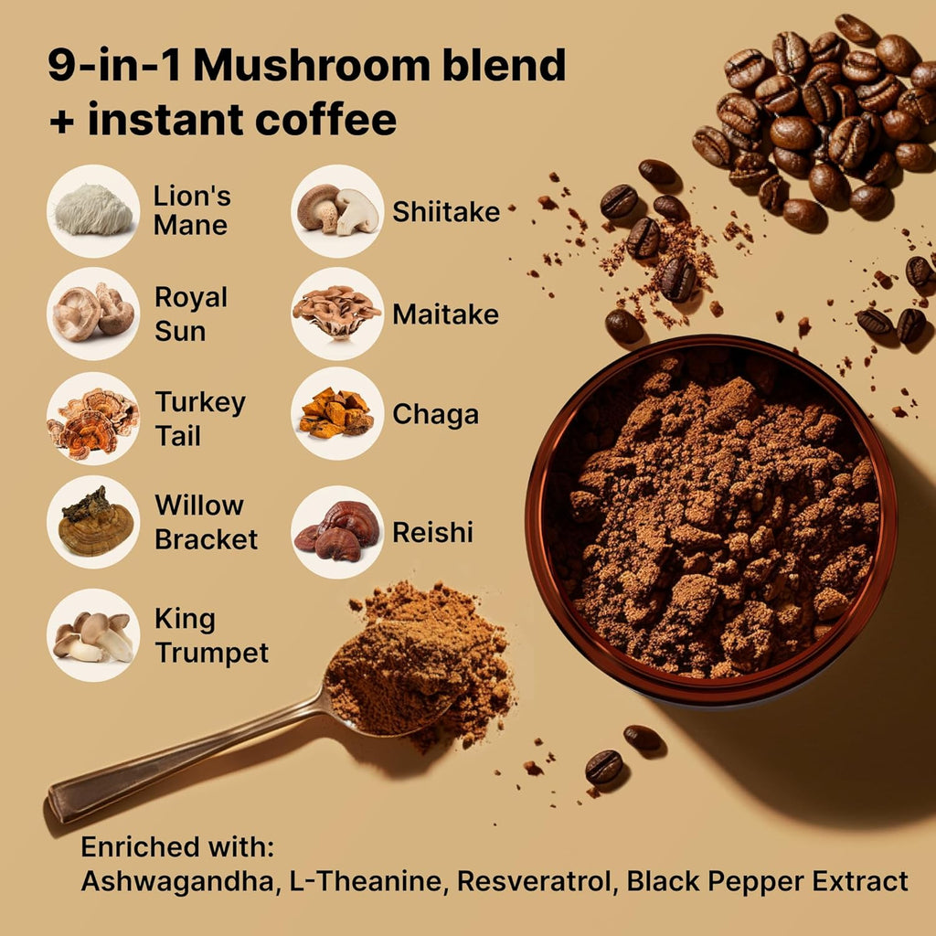 Mushroom Coffee Organic - 9 Mushroom Adaptogen Mix - Lion's Mane, Chaga, Turkey Tail, Reishi, Shiitake - Instant Mushrooms Coffee for Gut Health, Energy, Mental Clarity - 60 Servings