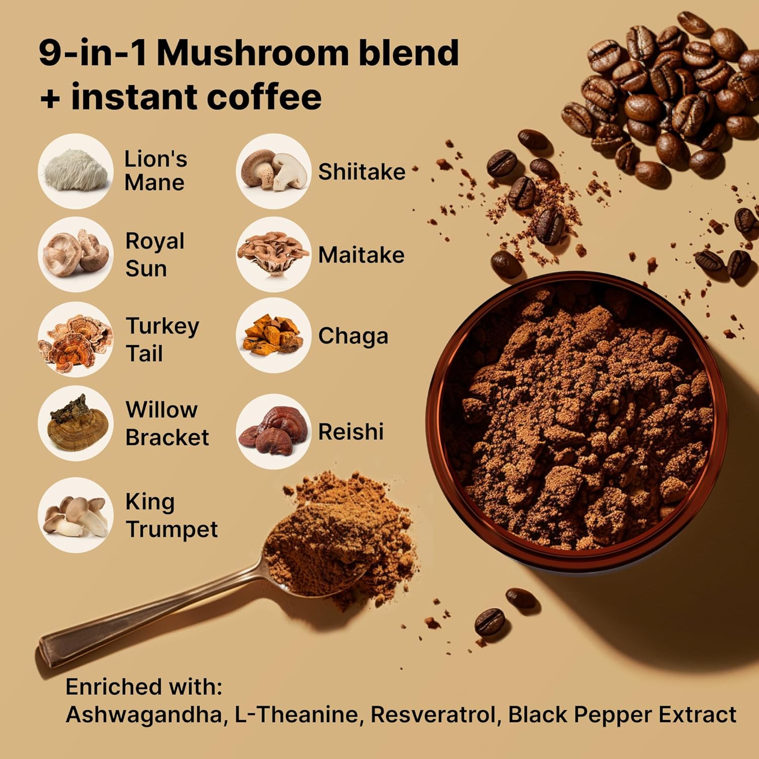 Mushroom Coffee Organic - 9 Mushroom Adaptogen Mix - Lion's Mane, Chaga, Turkey Tail, Reishi, Shiitake - Instant Mushrooms Coffee for Gut Health, Energy, Mental Clarity - 60 Servings