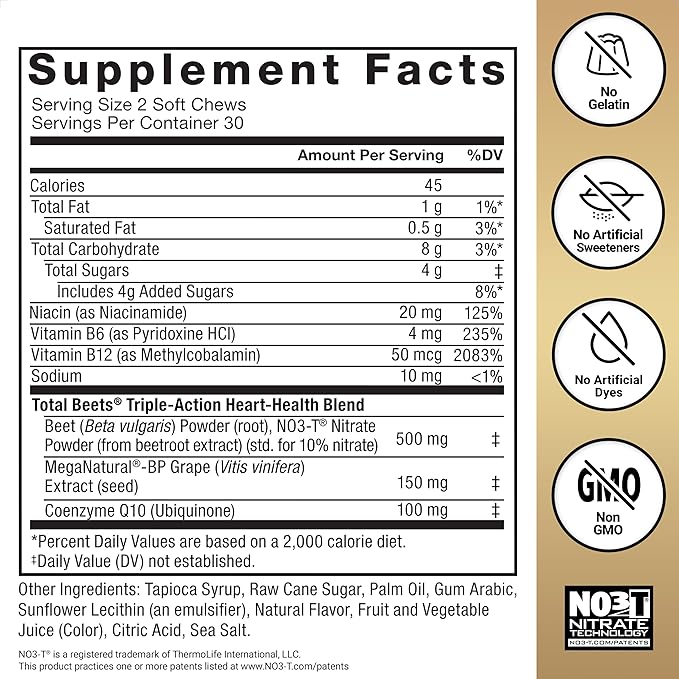 Force Factor Total Beets Ultimate Heart Health Chews for Blood Pressure Support, with Beetroot Powder, CoQ10, B Vitamins & Grapeseed Extract for Blood Flow & Energy, Black Cherry, 60 Soft Chews