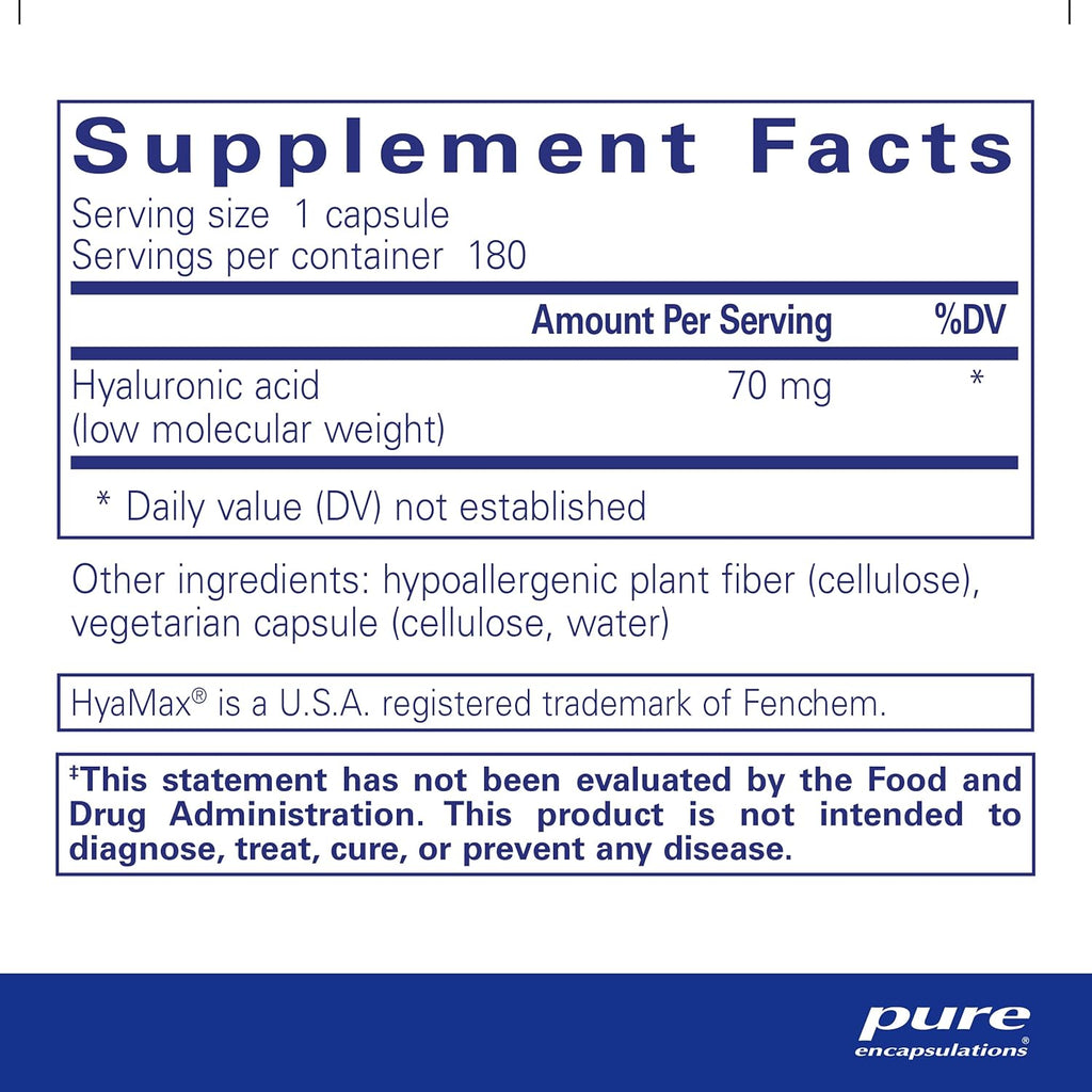 Pure Encapsulations Hyaluronic Acid - for Skin Hydration, Joint Lubrication & Joint Health* - Effective Absorption - Gluten Free - Vegan & Non-GMO - 180 Capsules