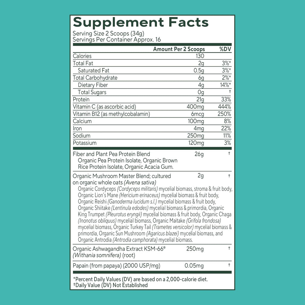 OM MUSHROOM SUPERFOOD Master Blend Mushroom Plant-Based Protein, 16 Servings Unsweetened Original, Unsweetened Plant-Based Protein with 10 Mushrooms & Adaptogens, GLP-1 Support