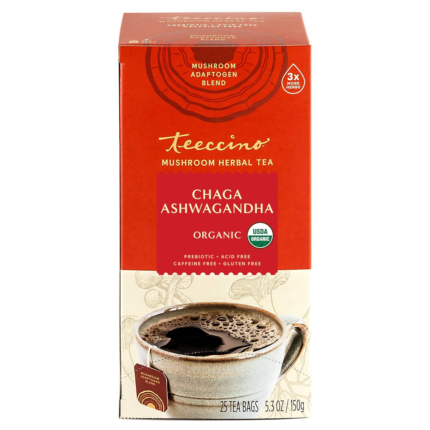 Teeccino Chaga Ashwagandha Tea - Butterscotch Cream - Organic Mushroom Adaptogenic Herbal Tea, 3x More Herbs than Regular Tea Bags, Prebiotic, Caffeine Free, Gluten Free - 25 Tea Bags (Pack of 3)
