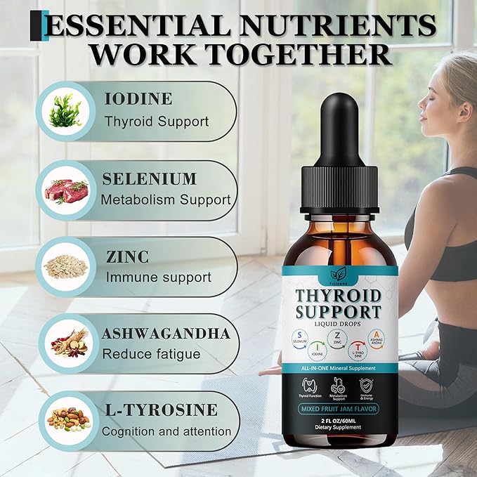 Thyroid Support For Women & Men Liquid Drops.Thyroid Supplement Drops With Selenium Zinc Iodine L-Tyrosine Ashwagandha For Energy & Metabolism Support, Hormone Balance,Vegan，Additives Free - 2 Fl. Oz