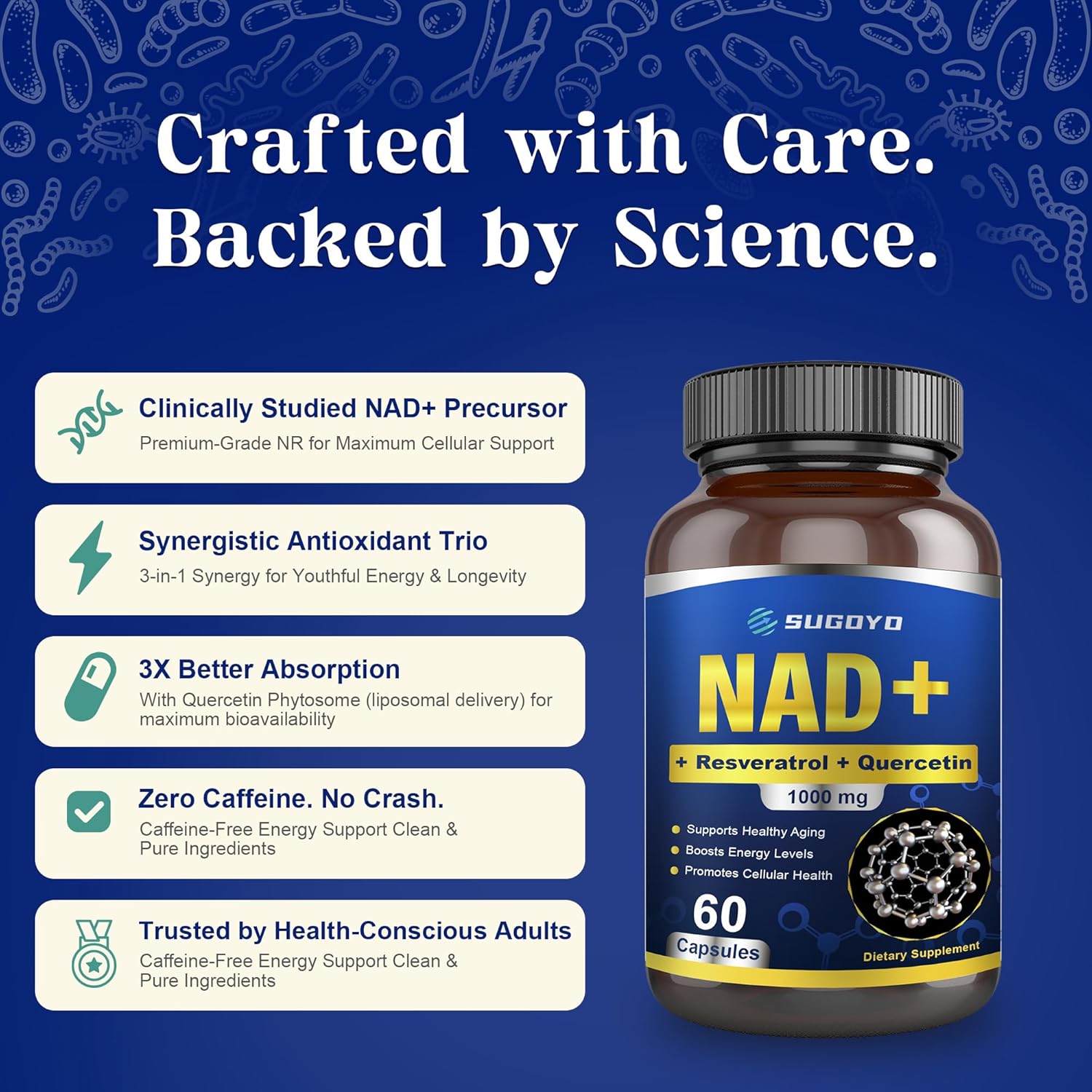 NAD+ Supplement 1000mg Liposomal Nicotinamide Riboside Enhanced with Resveratrol & Quercetin, Anti-Aging & Energy Boost, NMN Alternative, NAD Supplement for Women & Men (60 Count (Pack of 1))