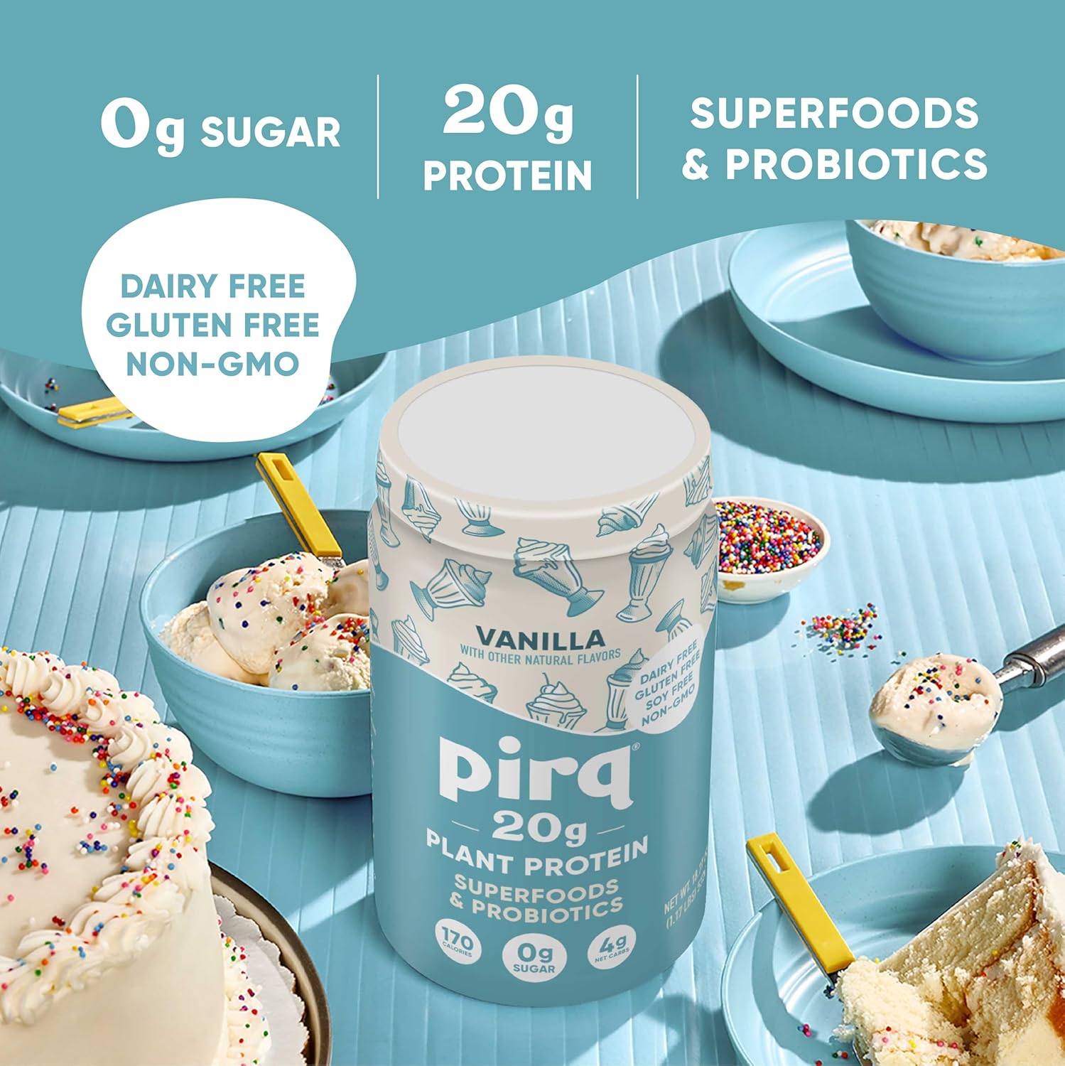 Pirq Dairy Free Protein Powder with 20g Protein, 2B CFU Probiotics, 25 Superfoods Greens and Fruits, Vegan, 0g Sugar (14 Servings) (Vanilla)