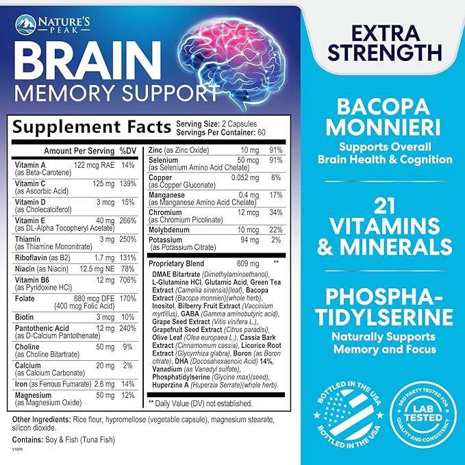 Brain Memory Supplement - 3X Strength Nootropics for Concentration, Clarity & Focus Support - Brain Health Cognitive Vitamins with Bacopa, Phosphatidylserine & DMAE, Brain Booster Pills, 120 Capsules