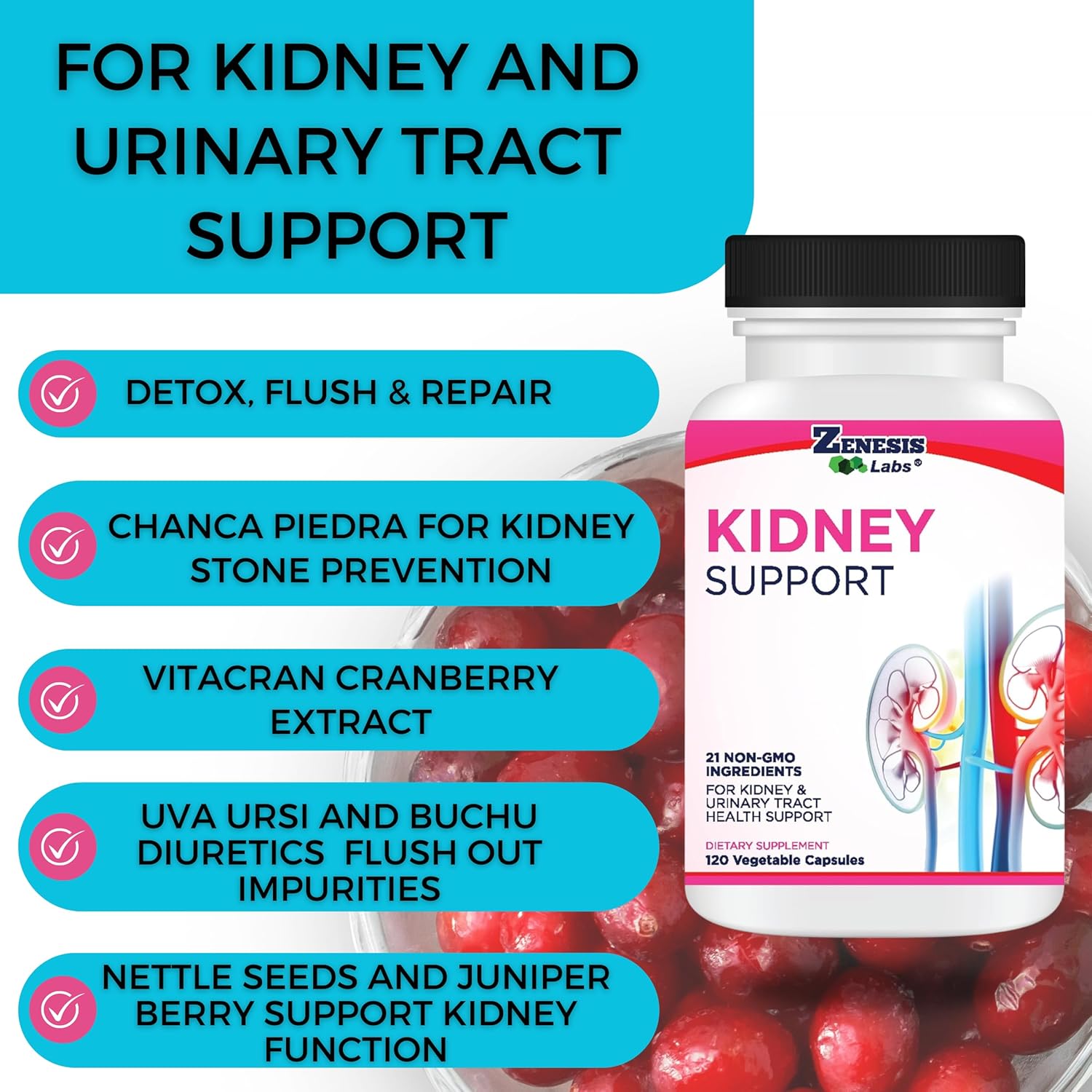 Zenesis Labs Kidney Cleanse Detox Flush & Repair Urinary Tract Support - Gluten Free - Natural Cranberry Extract Herbal Supplement Blend (120 Capsules/Bottle) 60 Day Supply