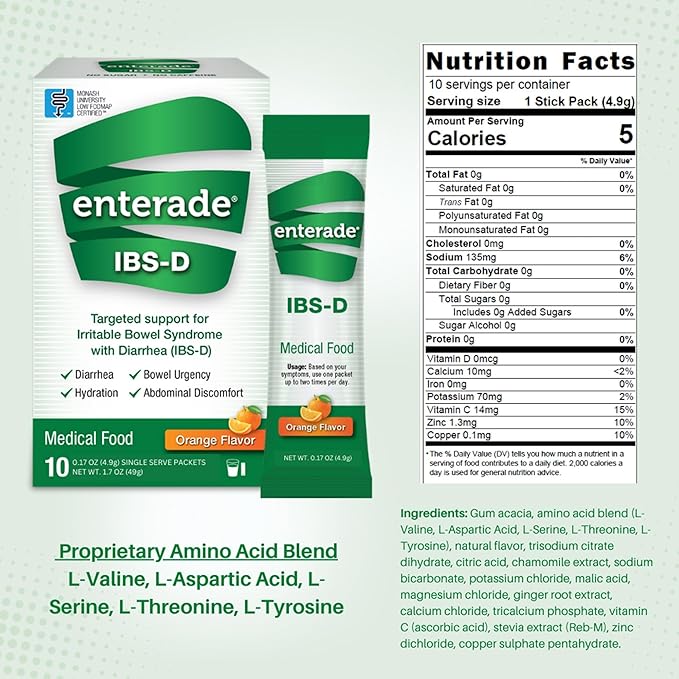 enterade IBS-D Powder Packets for IBS Relief of Symptoms from Irritable Bowel Syndrome with Diarrhea (IBS-D) - Orange, 1 Pack of 10 Single-Serving Powder Packets