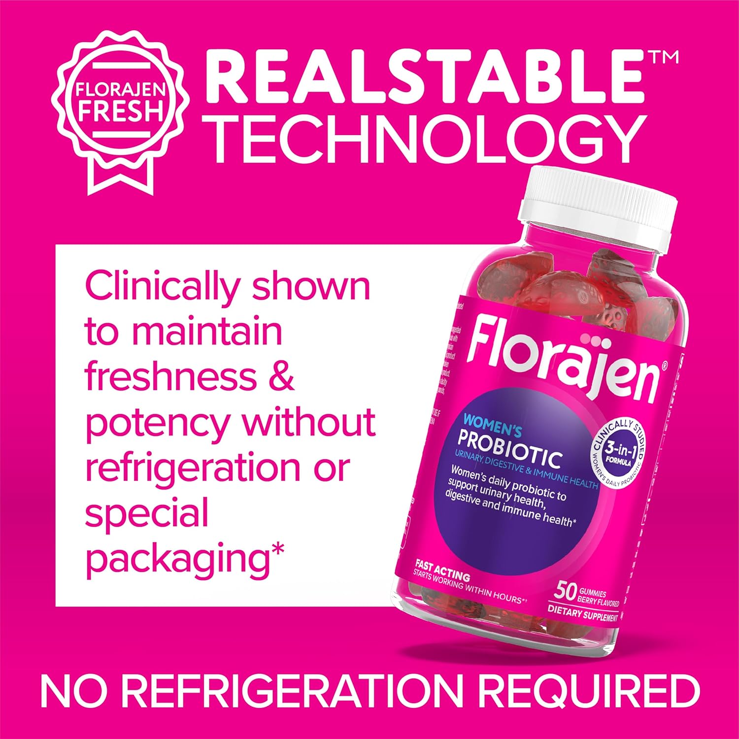 Florajen Women's Probiotic Gummies - Triple-Action Prebiotic + Probiotic + Cranberry for Digestive, Urinary, & Immune Support - Fast-Acting - Vegan & Gluten-Free - 40-Count