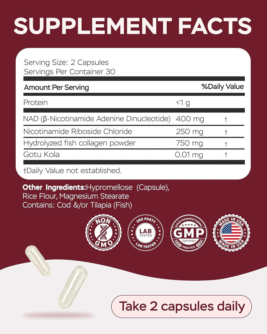 NAD Plus Supplement 1400mg - NMNH Supplement Alternative Supports Healthy Aging Complex with Nicotinamide Riboside & Gotu Kola, Collagen - Powerful NAD+ Formula for Energy, Skin & Cognitive, 60 Caps
