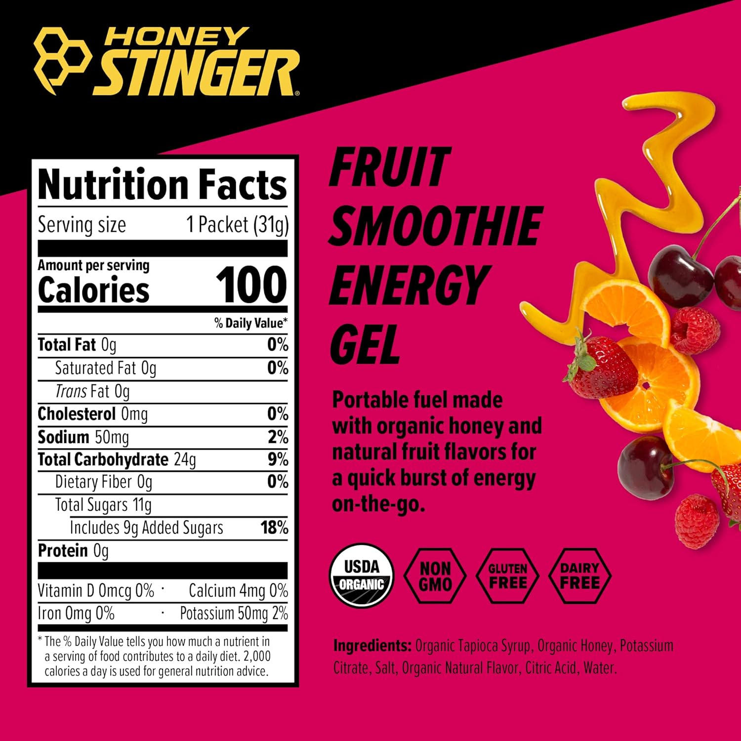 Honey Stinger Organic Fruit Smoothie Energy Gel, Gluten Free & Caffeine Free, for Exercise, Running and Performance, Sports Nutrition for Home & Gym, Pre & Mid Workout, 24 Pack, 26.4 Ounce