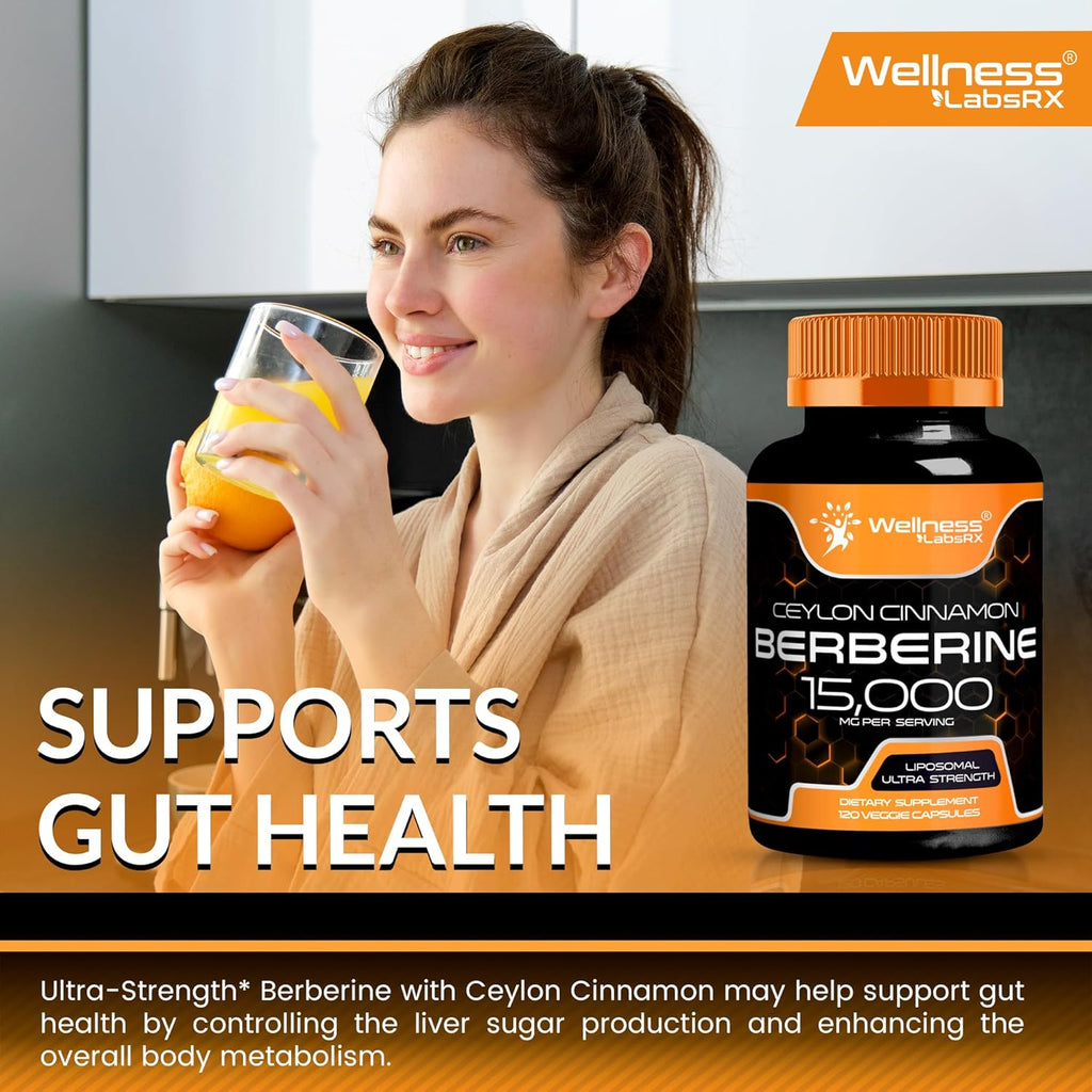 Berberine Supplement 15,000mg - Berberine with Ceylon Cinnamon, Overall Wellness Support Capsules - 120 Capsules (Pack of 1)