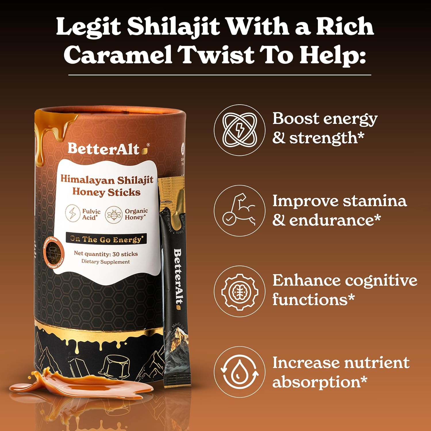 Pure Himalayan Shilajit Caramel Honey Sticks with Organic Honey| Easy to Consume Shilajit| 30 Sticks for Energy Boost & Immune Support, 85+ Trace Minerals, 75%+ Fulvic Acid