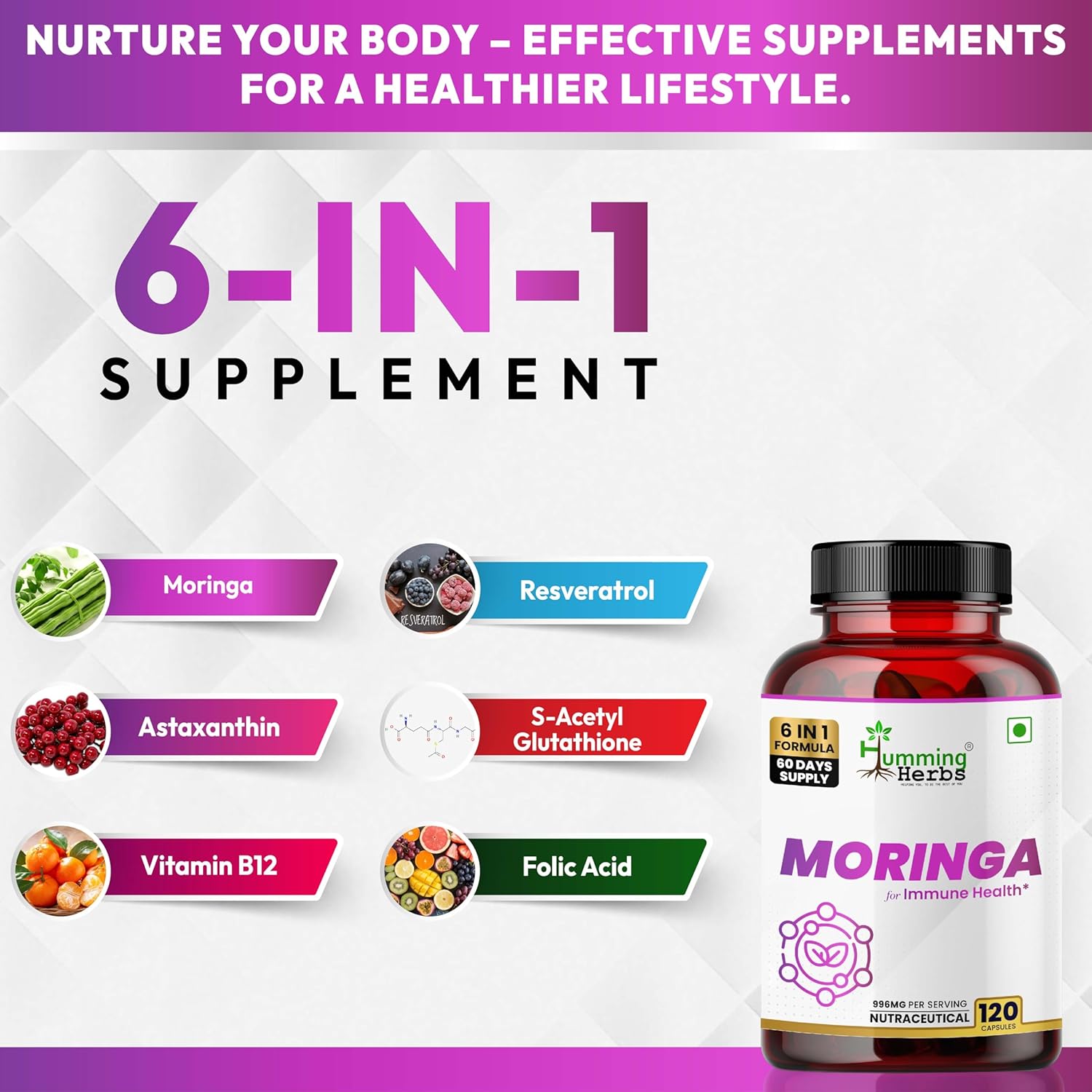 Humming Herbs Moringa Leaf Extract Complex — with Resveratrol, Astaxanthin, S-Acetyl Glutathione, Vitamin C & Folate — 998 mg per Serving — 120 Capsules (60 Days) — Antioxidant & Immune Support