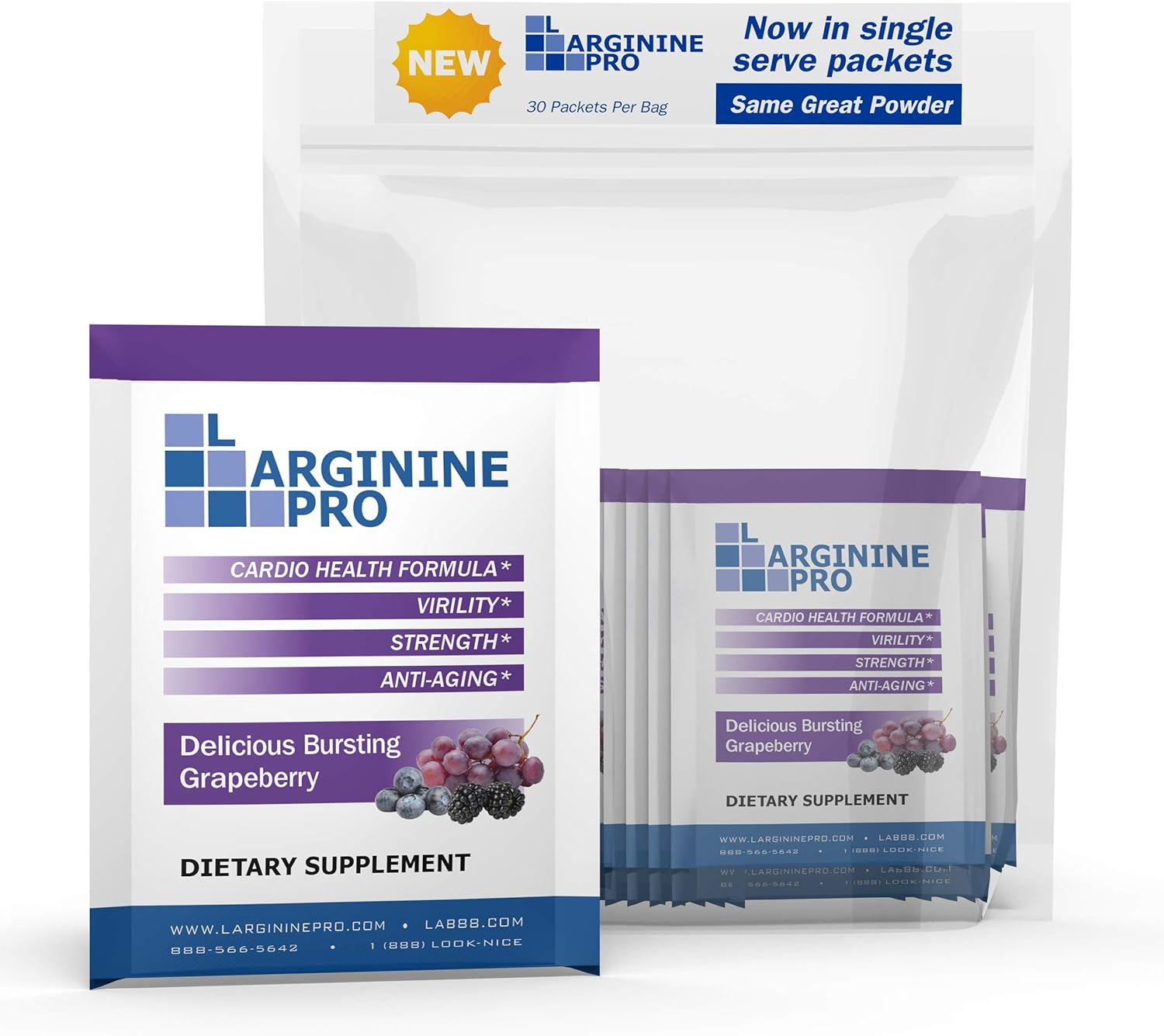 L-ARGININE PRO Supplement Powder | 30 Packets Single Serve Travel Size | 5,500mg of L-arginine Plus 1,100mg L-Citrulline, Grape
