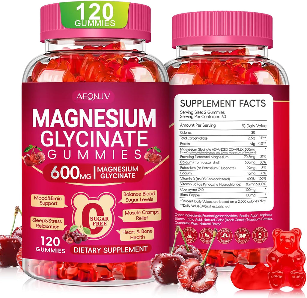 Magnesium Glycinate Gummies 600mg for Women and Men, High Absorption Magnesium Glycinate with Vitamin D, B6, and CoQ10 for Calm Support & Sleep, Sugar Free, Vegan, 120 Count