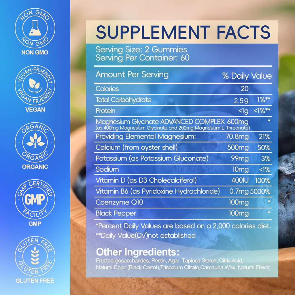 Magnesium Glycinate Gummies 600mg, Chewable Sugar Free Potassium Magnesium Gummies with Manganese Glycinate, Vitamin D, B6, and CoQ10 for Calm Support & Sleep for Adults, 60 Days Supply