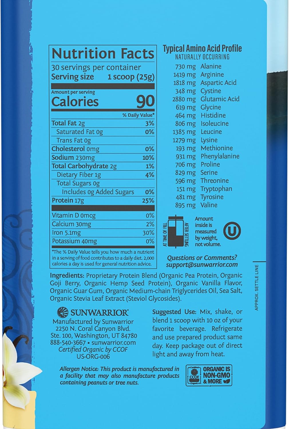 Sunwarrior Vegan Protein Powder Organic Plant-Based Protein | BCAA Amino Acids Hemp Seed Plant Protein | Soy Free Dairy Free Gluten Free Synthetic Free Non-GMO | Vanilla 30 Servings | Warrior Blend