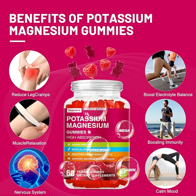 Potassium Magnesium Gummies - High Absorption Magnesium Glycinate & Potassium Citrate Plus Coenzyme Q10, DHA, D3, Mineral & Calcium for Zzz, Leg Cramps & Muscle - 60 Raspberry Gummies