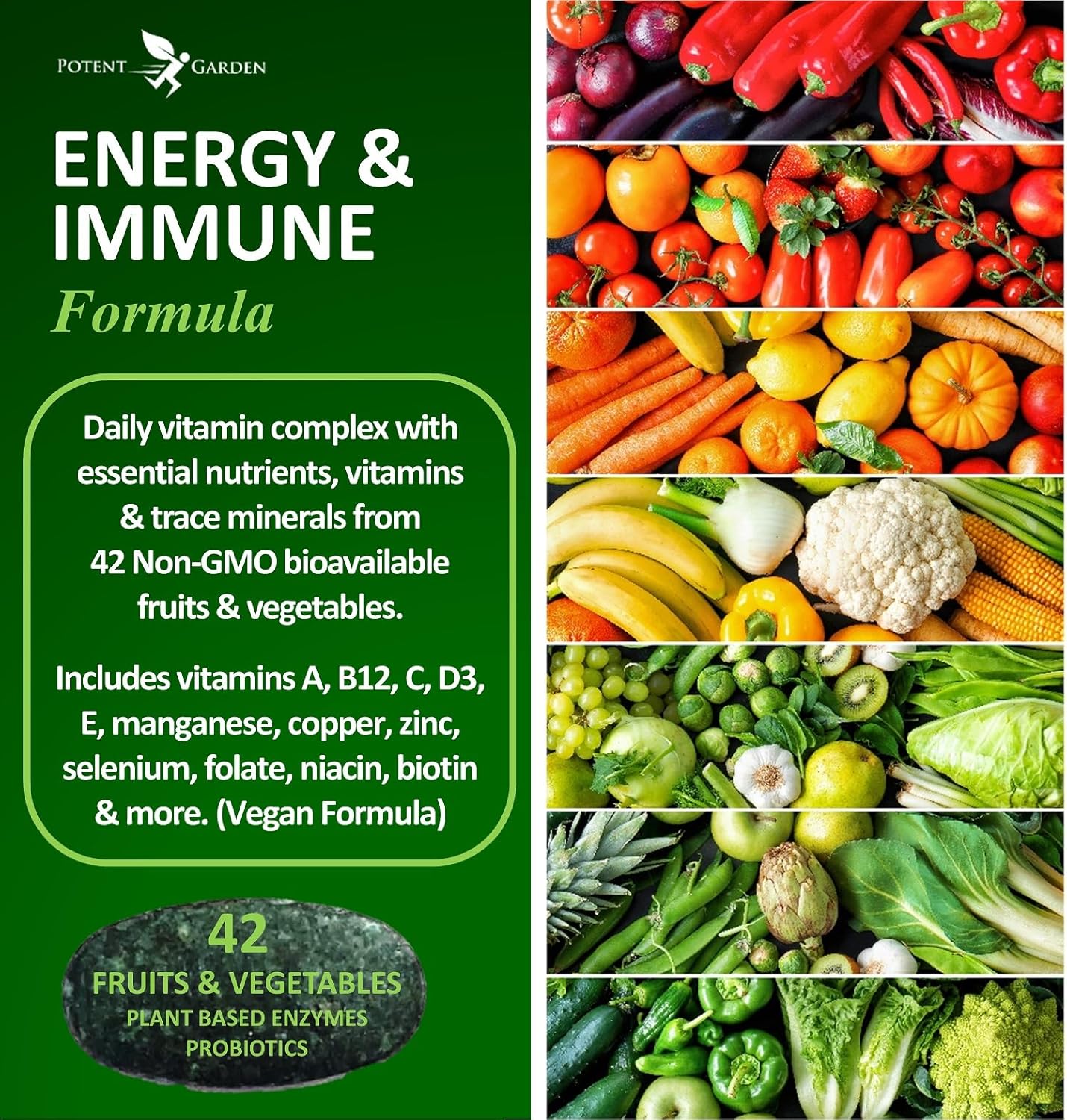 Potent Garden Adult Multivitamin for Women & Men, 42 Fruits & Vegetables Plus Probiotics, Supports Energy Metabolism & Immune System, Daily Multivitamin for Men & Women Non-GMO, 90 Tabs, 30 Servings