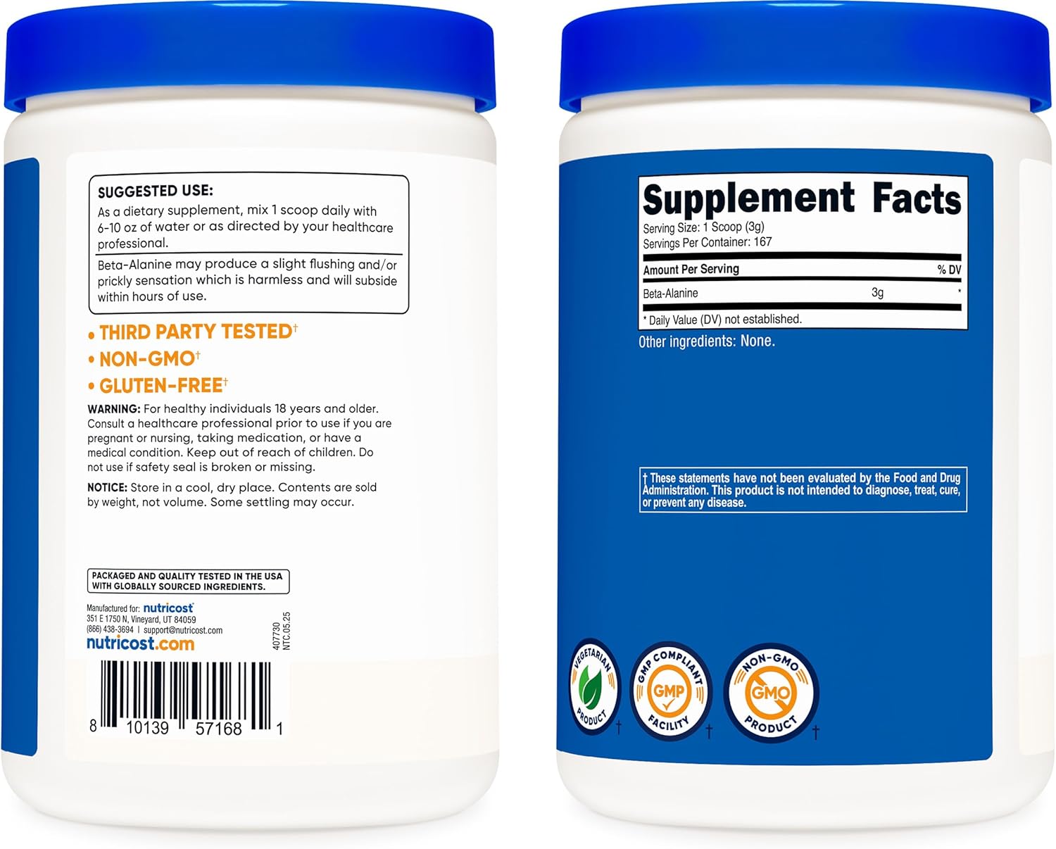 Nutricost Beta Alanine Powder 500 Grams (1.1lbs) - Pure Beta Alanine, Gluten Free & Non-GMO