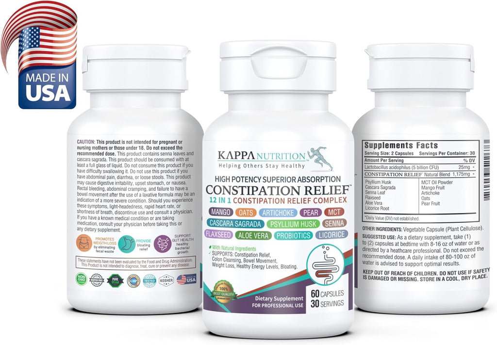 Constipation Relief & Advanced Gut Cleanse Detox for Women and Men – with Cascara Sagrada, Psyllium Husk, Senna Leaf & Probiotics – Non-GMO Colon Cleanse – 60 Capsules – Take 1–2 Daily