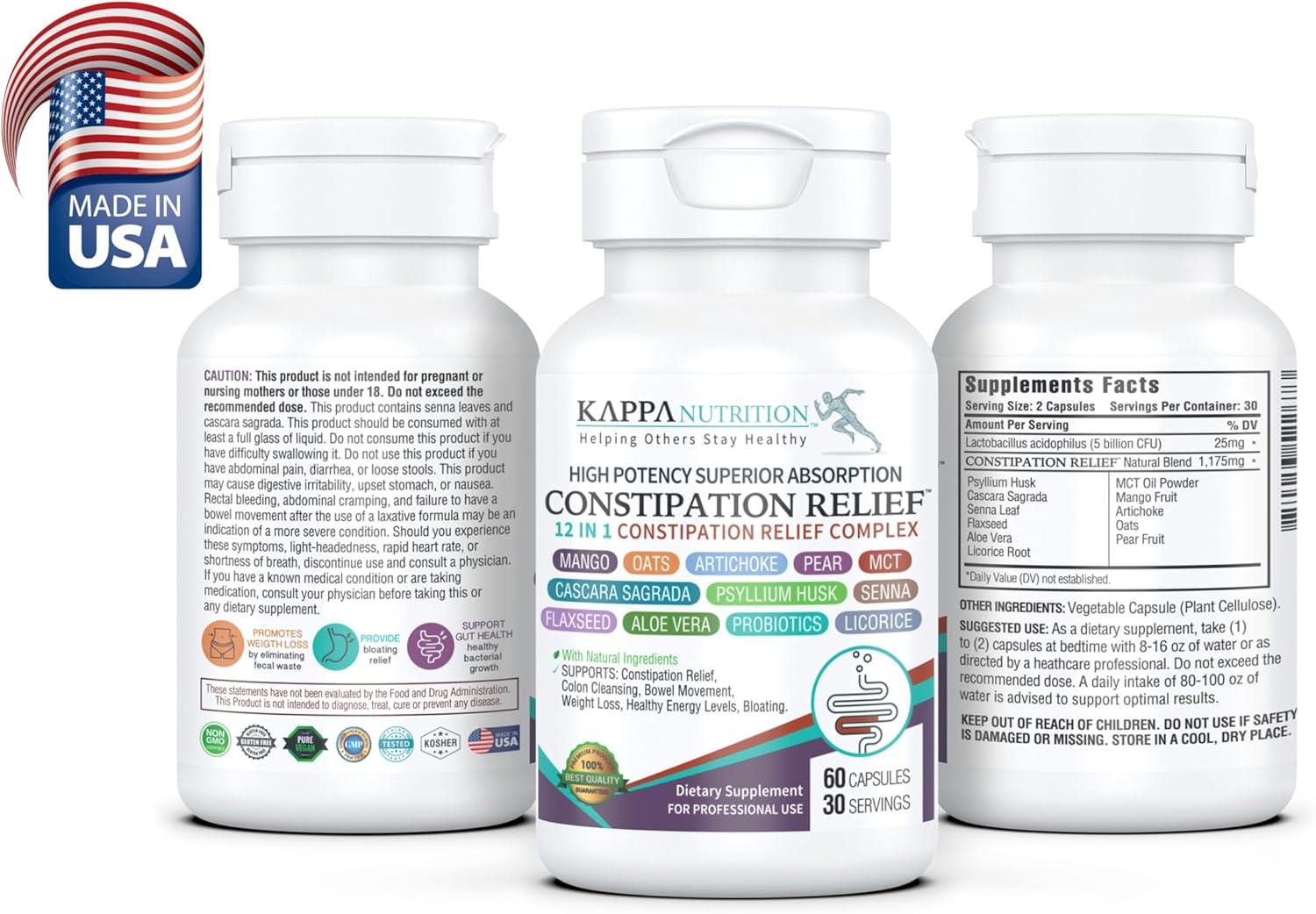 Constipation Relief & Advanced Gut Cleanse Detox for Women and Men – with Cascara Sagrada, Psyllium Husk, Senna Leaf & Probiotics – Non-GMO Colon Cleanse – 60 Capsules – Take 1–2 Daily