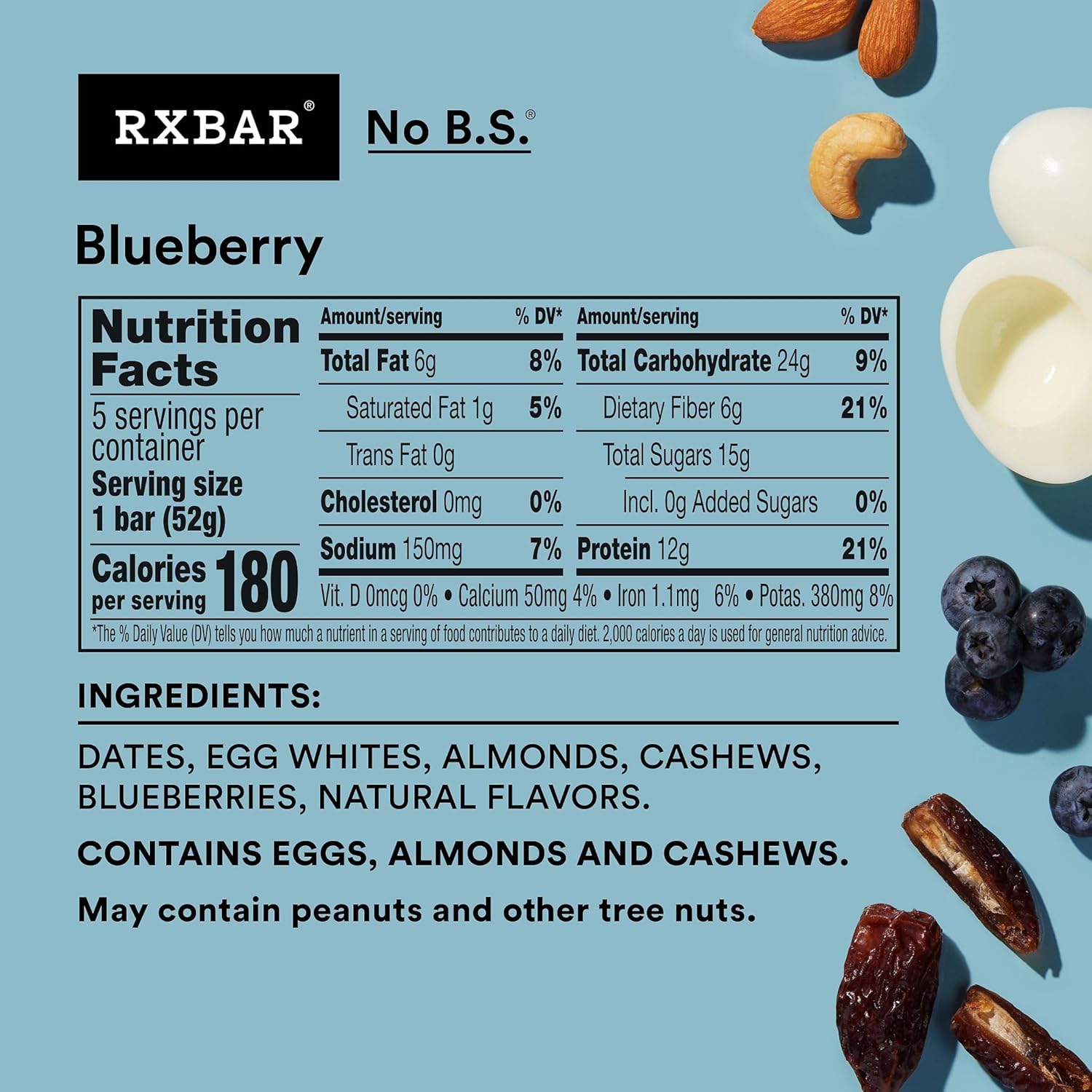 RXBAR Protein Bars, 12g Protein, Gluten Free Snacks, Blueberry (6 Boxes, 30 Bars)