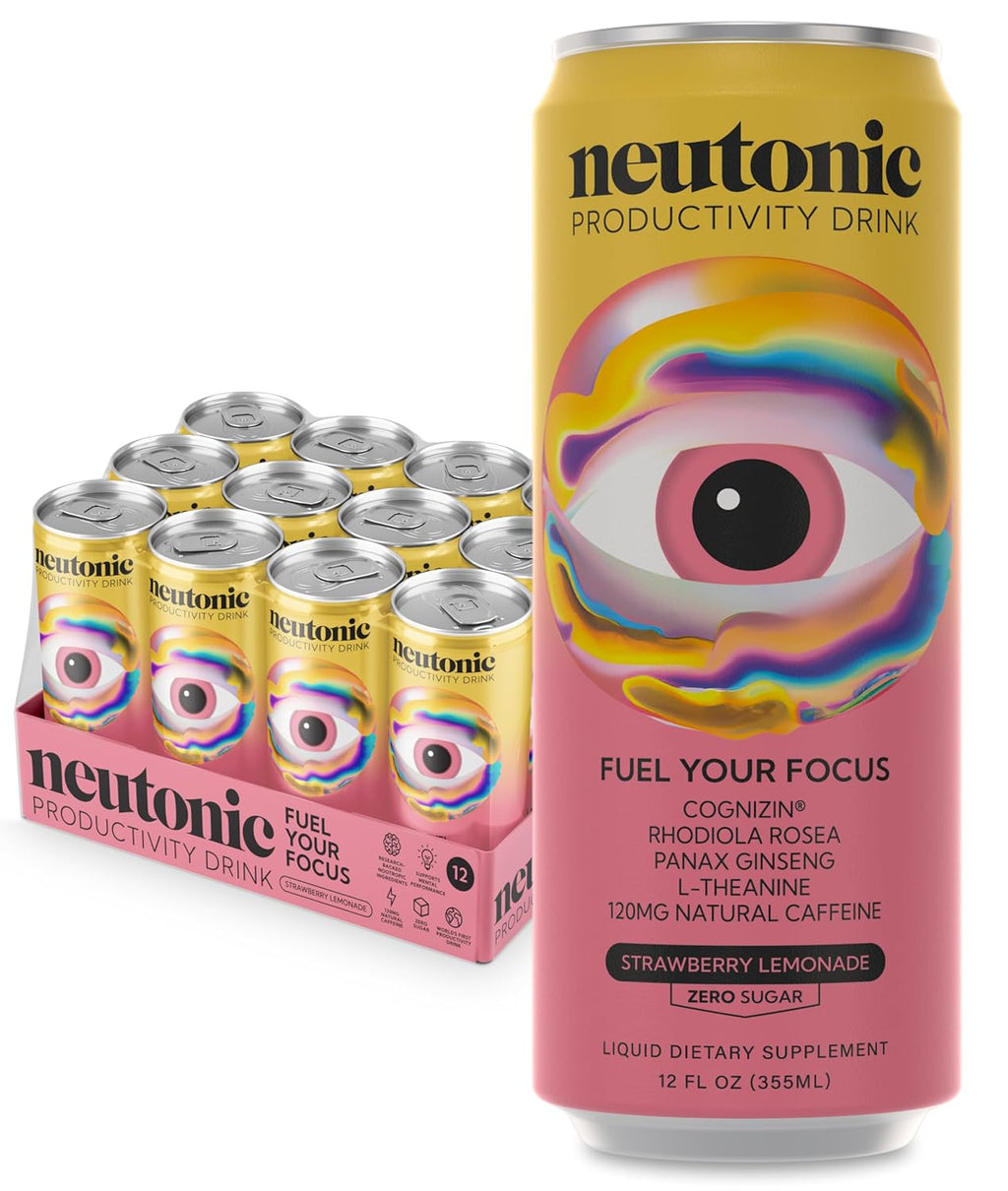 Neutonic Nootropic Productivity Energy Drink | Strawberry Lemonade 12 Cans | 120mg Natural Caffeine, Zero Sugar | Support Memory, Mental Clarity, Cognitive Function | Boost Focus, Energy, Brain Health