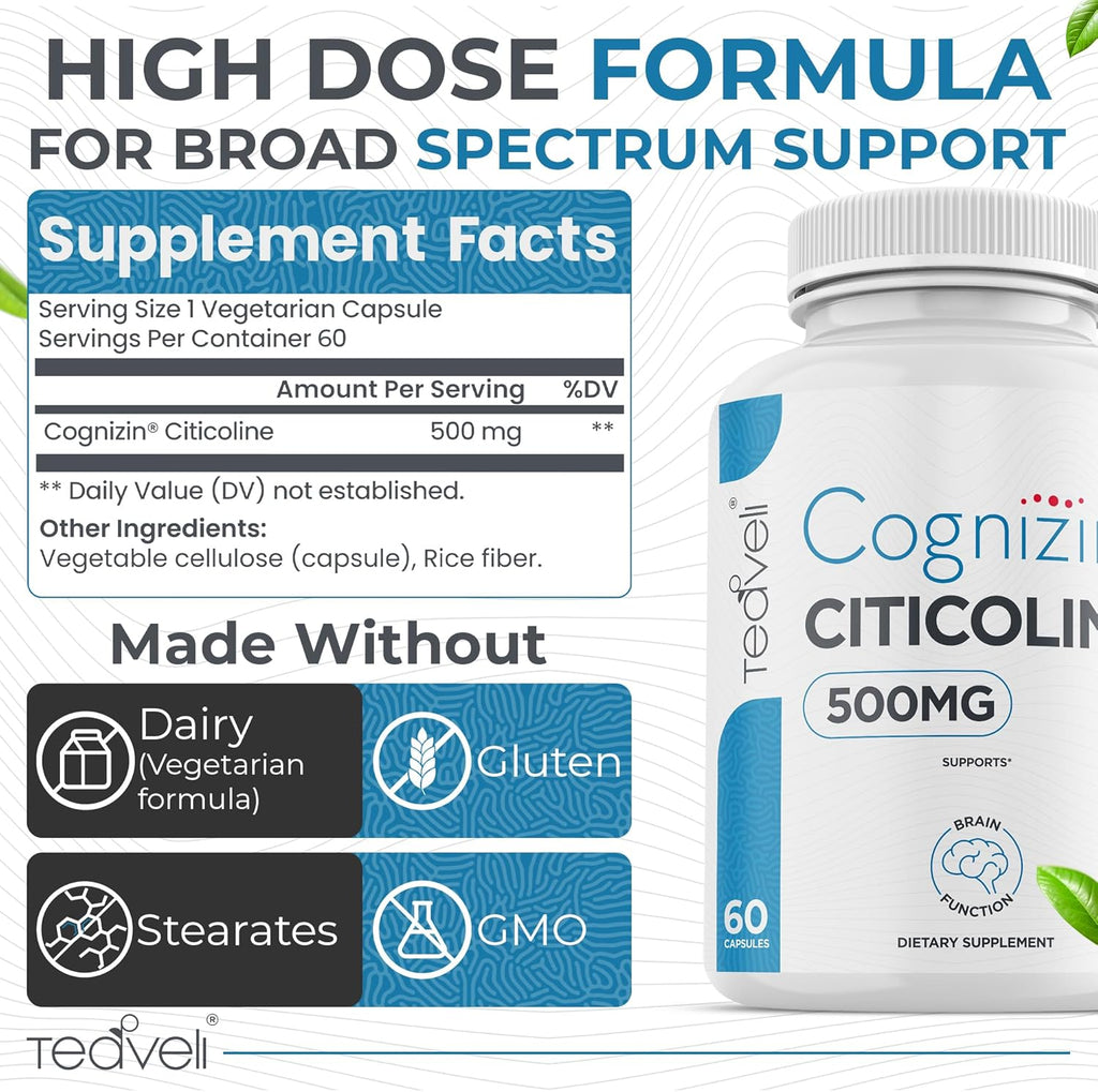 Cognizin Citicoline- 500mg CDP Choline Capsules- Clinically Studied Brain Supplement to Support Clarity, Concentration and Memory – Most Bioavailable Form of Choline Supplements - 60 Servings