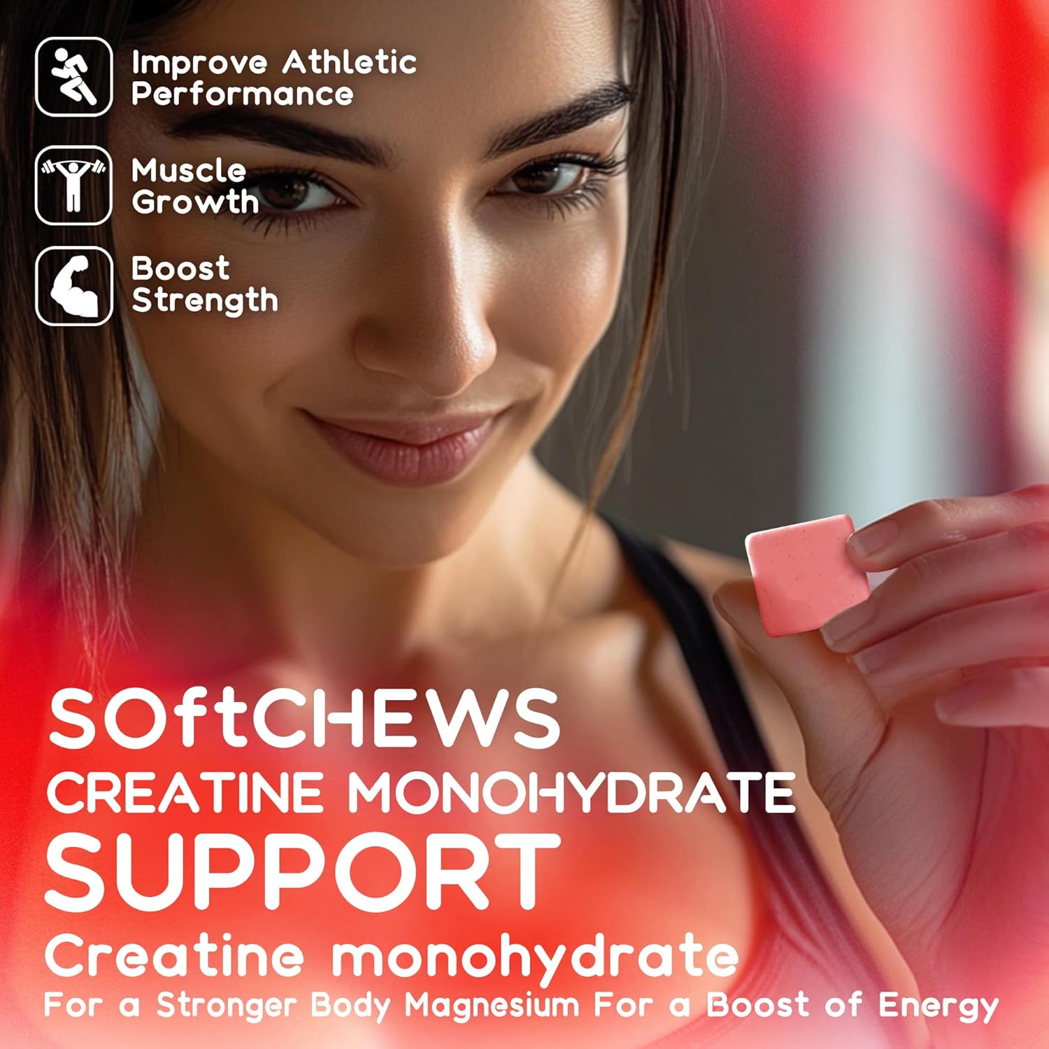 Creatine Monohydrate Chews Complex 6400mg for Men & Women -Advanced Formula W/L-Taurine + Vitamin B12, Sugar Free Chewable Supplement,60 Strawberry Softchews