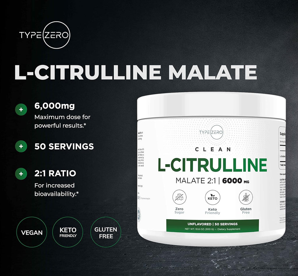 Type Zero L-Citrulline Malate Powder 2:1 6X (300g | 6000mg Per Serving | Unflavored) Ultra Clean L Citrulline, Nitric Oxide Booster, Pre Workout - Nitrous Oxide Vasodilator Supplement