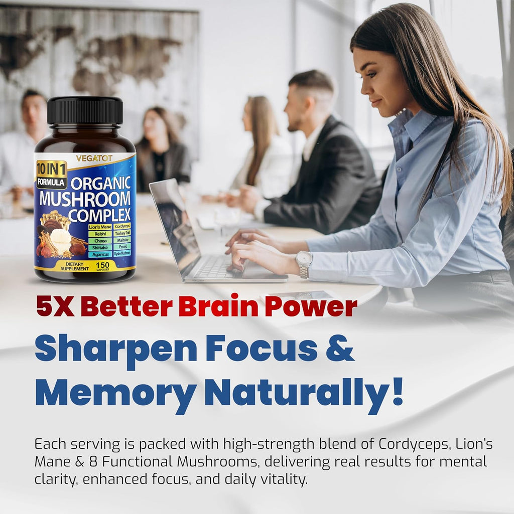 10 in 1 High Strength Mushroom Supplement - Lions Mane, Cordyceps, Reishi - Brain Supplements for Memory and Focus ** 5-Month Supply